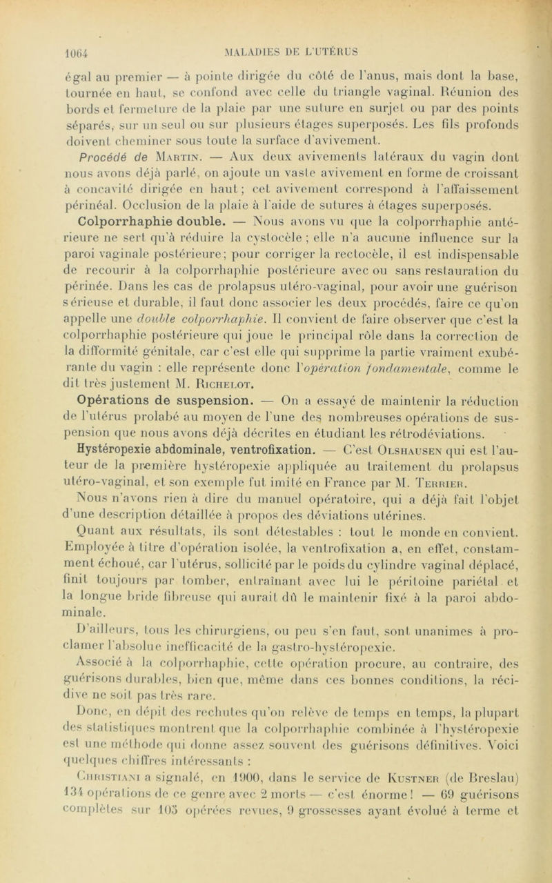 égal au premier — à pointe dirigée du côté de l'anus, mais dont la base, tournée en haut, se confond avec celle du triangle vaginal. Réunion des bords et fermeture de la plaie par une suture en surjet ou par des points séparés, sur un seul ou sur plusieurs étages superposés. Les fils profonds doivent cheminer sous toute la surface d'avivement. Procédé de Martin. — Aux deux avivements latéraux du vagin dont nous avons déjà parlé, on ajoute un vasle avivement en forme de croissant à concavité dirigée en haut; cet avivement correspond à l’affaissement périnéal. Occlusion de la plaie à l'aide de sutures à étages superposés. Colporrhaphie double. — Nous avons vu que la colporrhaphie anté- rieure ne sert qu’à réduire la cystocèle ; elle n’a aucune influence sur la paroi vaginale postérieure; pour corriger la rectocèle, il est indispensable de recourir à la colporrhaphie postérieure avec ou sans reslauralion du périnée. Dans les cas de prolapsus utéro-vaginal, pour avoir une guérison sérieuse et durable, il faut donc associer les deux procédés, faire ce qu’on appelle une double colporrhaphie. 11 convient de faire observer que c’est la colporrhaphie postérieure qui joue le principal rôle dans la correction de la difformité génitale, car c’esl elle qui supprime la partie vraiment exubé- rante du vagin : elle représente donc Xopération fondamentale, comme le dit très justement M. Richei.ot, Opérations de suspension. — On a essayé de maintenir la réduction de l’utérus prolabé au moyen de l'une des nombreuses opérations de sus- pension que nous avons déjà décrites en étudiant les rétrodéviations. Hystéropexie abdominale, ventrofixation. — C’est Olshausen qui est l’au- teur de la première hystéropexie appliquée au traitement du prolapsus utéro-vaginal, et son exemple fut imité en France par M. Terrier. Nous n’avons rien à dire du manuel opératoire, qui a déjà fait l'objet d'une description détaillée à propos des déviations utérines. Quant aux résultats, ils sont détestables : tout le monde en convient. Employée à titre d’opération isolée, la ventrofixation a, en effet, constam- ment échoué, car l’utérus, sollicité par le poids du cylindre vaginal déplacé, tinit toujours par tomber, entraînant avec lui le péritoine pariétal et la longue bride fibreuse qui aurait dû le maintenir fixé à la paroi abdo- minale. D’ailleurs, tous les chirurgiens, ou peu s'en faut, sont unanimes à pro- clamer 1 absolue inefficacité de la gastro-hystéropexie. Associé à la colporrhaphie, cette opération procure, au contraire, des guérisons durables, bien que, même dans ces bonnes conditions, la réci- dive ne soit pas très rare. Donc, en dépit des rechutes qu’on relève de temps en temps, la plupart des statistiques montrent que la colporrhaphie combinée à l'hystéropexie est une méthode qui donne assez souvent des guérisons définitives. Voici quelques chiffres intéressants : Ciiristiani a signalé, en 1900, dans le service de Kustner (de Breslau) LH opérations de ce genre avec morts — c’est énorme ! — G9 guérisons complètes sur 105 opérées revues, 9 grossesses ayant évolué à terme et