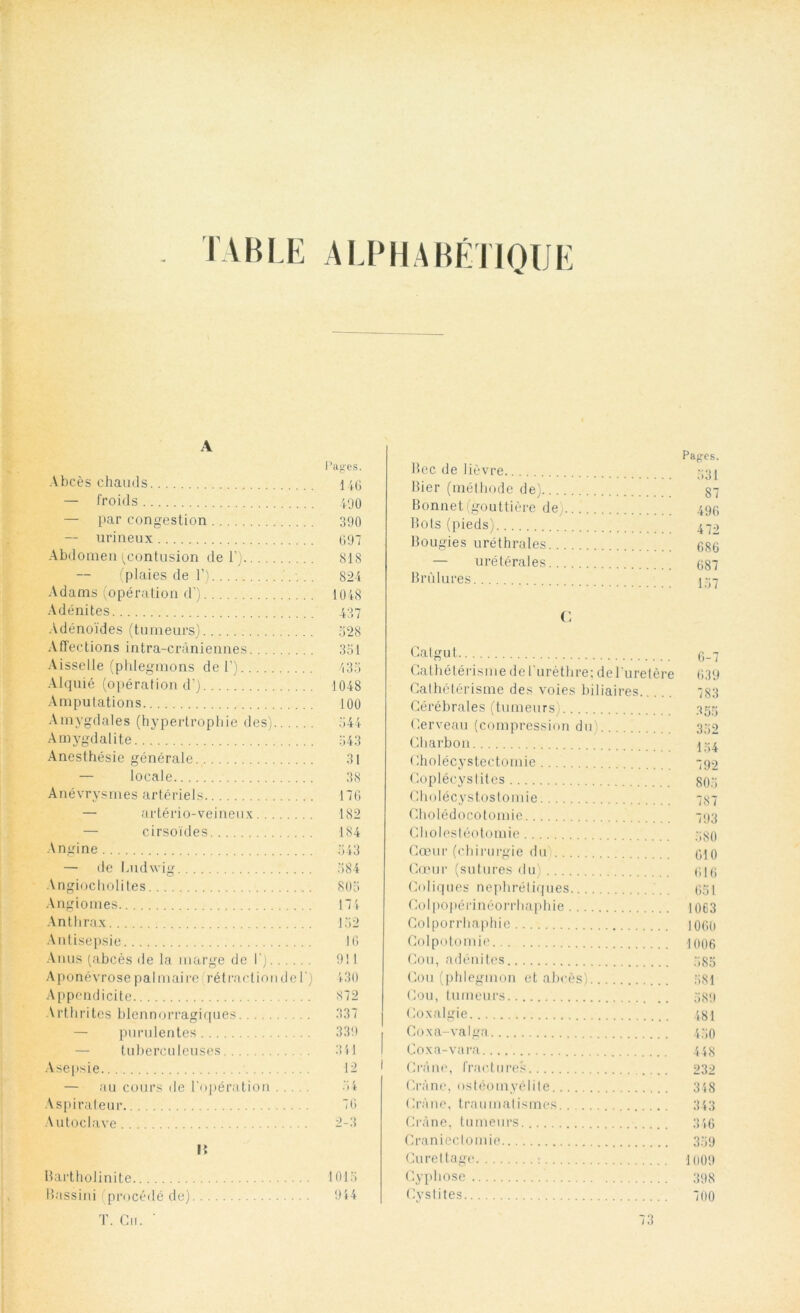 table alphabétique A Abcès chauds — froids — par congestion — urineux Abdomen (contusion de 1’) (plaies de 1’) Adams (opération d’) Adénites Adénoïdes (tumeurs) Affections intra-crâniennes Aisselle (phlegmons de 1’) Alquié (opération d’) Annulations Amygdales (hypertrophie des) Amygdalite Anesthésie générale — locale Anévrysmes artériels — artério-veineux — cirsoïdes Angine — de Ludwig Angiocholites Angiomes Anthrax Antisepsie Anus (abcès de la marge de L) Aponévrose palmaire ré traction de I) Appendicite Arthrites blennorragiques — purulentes tuberculeuses Asepsie — au cours de l'opération Aspirateur Autoclave Pages. 146 400 390 697 818 824 1048 437 528 351 435 1048 100 544 543 31 38 176 182 184 543 584 805 174 152 16 9! 1 430 872 337 339 341 12 54 76 2-3 Bartholinite 1015 Bassini procédé de) 944 T. Gu. ' Bec de lièvre. Pages. Bier (méthode de).. Bonnet (gouttière de . Bots (pieds).. Bougies uréthrales.. — urétérales. Brûlures.. . C Catgut... 6-7 Cathétérisme de 1 urèthre; deLuretère 639 Cathétérisme des voies biliaires 783 Cérébrales (tumeurs) 35g Cerveau (compression du) 339 Charbon 154 Cholécystectomie 799 Copléeystites 803 Cholécystostomie 737 Cholédocotomie 793 Cholestéotomie 330 Cœur (chirurgie du 610 Cœur (sutures du) 616 Coliques nephréliques ;.. 651 Colpopérinéorrhaphie 1063 Golporrhaphie ]060 Colpotomie 1006 Cou, adénites 385 Cou (phlegmon et abcès) 581 Cou, tumeurs 389 Coxalgie 481 Goxa-valga 450 Goxa-vara 448 Crâne, fractures 232 Crâne, ostéomyélite 348 Crâne, traumatismes.. 343 Crâne, tumeurs 3 46 Craniectomie 359 Curettage : 1009 Cyphose 398 Cystites 700