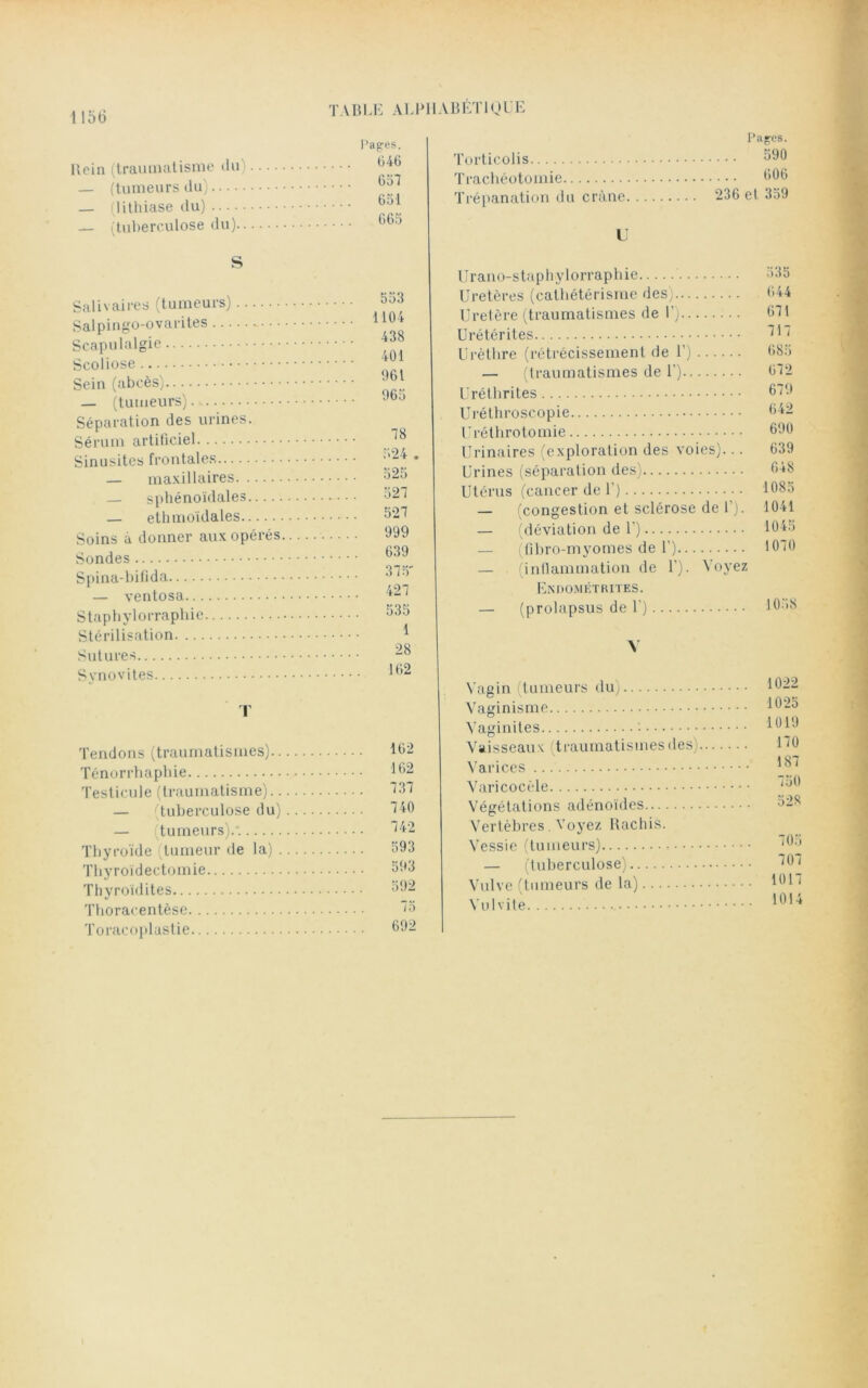 1156 Rein (traumatisme du) — (tumeurs du) — (lithiase du) — (tuberculose du).. Pagres. 646 657 651 665 S Salivaires (tumeurs) Salpingo-ovarites Scapulalgie Scoliose Sein (abcès) — (tumeurs) Séparation des urines. Sérum artificiel Sinusites frontales — maxillaires — sphénoïdales — ethmoïdales Soins à donner aux opérés Sondes Spina-bifida — ventosa Staphylorraphie Stérilisation Sutures Synovites 553 1104 438 401 961 965 78 524 . 525 527 527 999 639 375' 427 535 1 28 162 Tendons (traumatismes) 162 Ténorrhaphie 162 Testicule (traumatisme) 737 — (tuberculose du) 740 — (tumeurs).*. 742 Thyroïde (tumeur de la) 593 Thyroïdectomie 593 Thyroïdites 592 Thoraeentèse .... 75 Toracoplastie 692 Torticolis Trachéotomie Trépanation du crâne Pages. 590 ... 606 236 el 359 IJ Urano-staphylorraphie 535 Uretères (cathétérisme des) 644 Uretère (traumatismes de V) 671 Urétérites Urèthre (rétrécissement de T) 685 — (traumatismes de 1’) 672 Uréthrites 679 Uréthroscopie 642 Uréthrotomie 690 Urinaires (exploration des voies)... 639 Urines (séparation des) 648 Utérus (cancer de U) 1085 — (congestion et sclérose de 1’). 1041 — (déviation de U) 1045 — (fibro-myomes de U) 1070 — (inflammation de 1’). Voyez Endométrites. — (prolapsus de U) Y Vagin (tumeurs du) Vaginisme Vaginites '■ Vaisseaux (traumatismes des) Varices ... Varicocèle Végétations adénoïdes Vertèbres. Voyez Rachis. Vessie (tumeurs) — (tuberculose) Vulve (tumeurs de la) Vol vite 1022 1025 1019 170 187 750 528 705 707 1017 1014