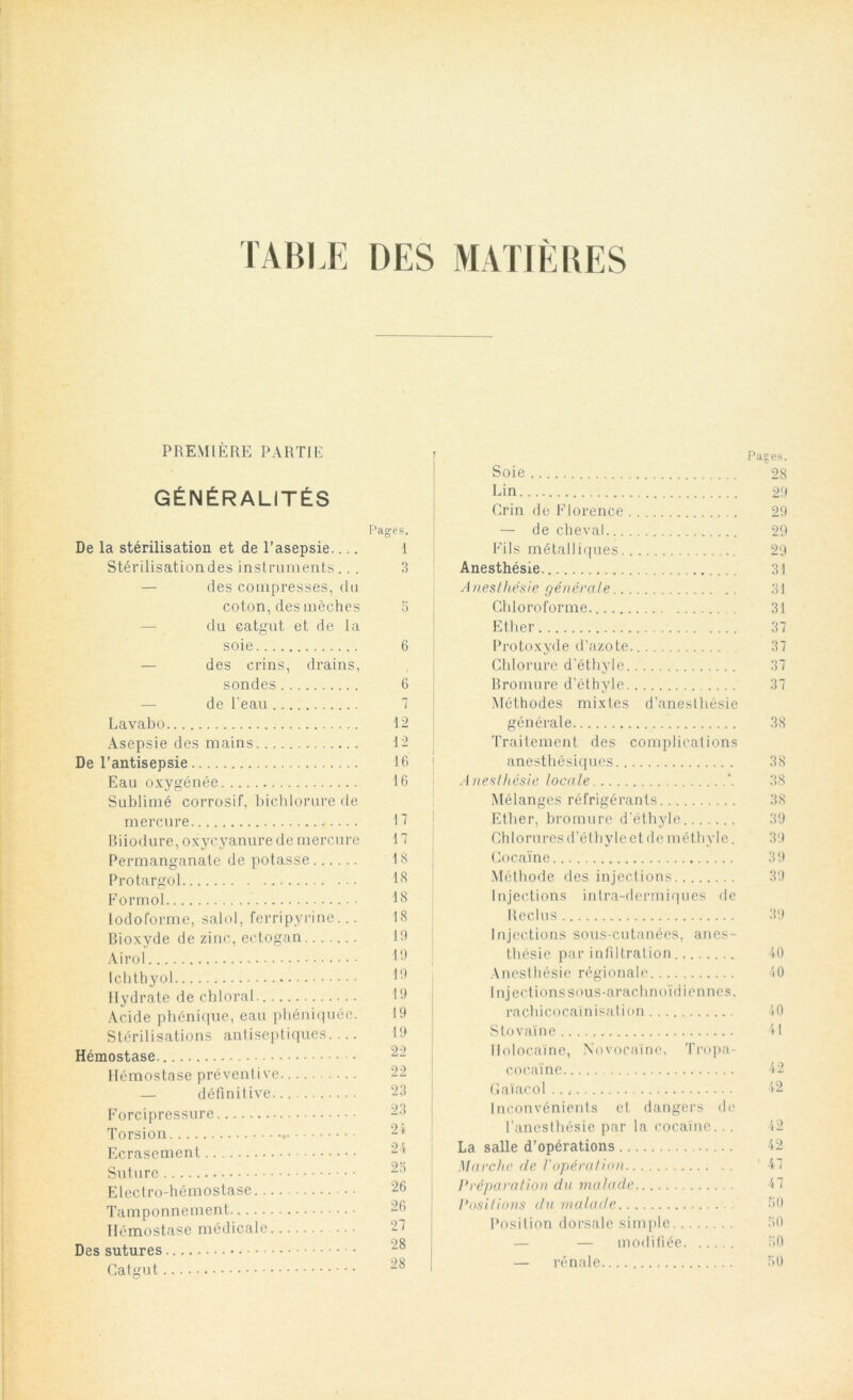 TABLE DES MATIÈRES PREMIÈRE PARTIE GÉNÉRALITÉS De la stérilisation et de l’asepsie Stérilisationdes instruments ... — des compresses, du coton, des mèches du catgut et de la soie — des crins, drains, sondes de l'eau Lavabo Asepsie des mains De l’antisepsie Eau oxygénée Sublimé corrosif, bichlorure de mercure Biiodure, oxycyanure de mercure Permanganate de potasse Protargol Formol lodoforme, salol, ferripyrine... Bioxyde de zinc, ectogan Airol Icbthyol Hydrate de chloral. Acide phénique, eau phéniquéc. Stérilisations antiseptiques Hémostase Hémostase préventive — définitive Forcipressure Torsion Ecrasement Suture Electro-hémostase Tamponnement Hémostase médicale Des sutures Catgut Pages. 1 3 6 6 7 12 12 16 16 17 17 18 18 18 18 19 19 19 19 19 19 22 22 23 23 24 24 2 o 26 26 27 28 28 Pages. Soie 28 Lin 29 Crin de Florence 29 — de cheval 29 Fils métalliques 29 Anesthésie 31 Anesthésie générale 31 Chloroforme 31 Ether 37 Protoxyde d’azote 37 Chlorure d’éthyle 37 Bromure d’éthyle .... 37 Méthodes mixtes d’anesthésie générale 38 Traitement des complications anesthésiques 38 Anesthésie locale \ 38 Mélanges réfrigérants 38 Ether, bromure d’éthyle 39 Chloruresd’éthyleetde méthyle. 39 Cocaïne 39 Méthode des injections 39 Injections intra-dermiques de Reclus 39 Injections sous-cutanées, anes- thésie par infiltration 40 Anesthésie régionale 40 Injections sous-arachnoïdiennes, racbicocainisation 40 S lovai ne 41 llnlocaïne, Novocaïne, Tropa- c.ocaïne 42 Gaïacol 42 Inconvénients et dangers de l’anesthésie par la cocaïne... 42 La salle d’opérations 42 Marche de l'opération 47 Préparation dn malade 47 Positions du malade 50 Position dorsale simple 50 — modifiée 50 — rénale 50