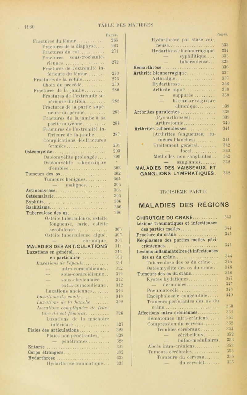 Pagres. Fractures du fémur 265 Fractures de la diaphyse.... 26/ Fractures du col 211 Fractures sous-trochanté- riennes 2/2 Fractures de l’extrémité in- férieure du fémur 213 Fractures de la rotule 215 Choix du procédé 219 Fractures de la jambe 280 Fractures de l’extrémité su- périeure du tibia 282 Fractures de la partie supé- rieure du péroné 283 Fractures de la jambe à sa partie moyenne 284 Fractures de l'extrémité in- férieure de la jambe 281 Complications des fractures fermées 291 Ostéomyélite 293 Ostéomyélite prolongée.... 299 Ostéomyélite chronique d'emblée 302 Tumeurs des os 302 Tumeurs bénignes 304 — malignes 304 Actinomycose 304 Ostéomalacie 305 Syphilis 306 Rachitisme 306 Tuberculose des os 306 Ostéite tuberculeuse, ostéite fongueuse, carie, ostéite scrofuleuse 306 Ostéite tuberculeuse aiguë. 301 — — chronique. 301 MALADIES DES ARTICULATIONS 311 Luxations en général 311 en particulier 311 Luxations de Vépaule 311 intra-coracoïdienne.. 312 — sous-coracoïdienne.. 312 sous-claviculaire.... 312 extra-coracoïdienne. 312 Luxations anciennes 316 Luxa lions du coude 318 Luxations de la hanche 322 Luxations compliquées de frac- ture du col fémoral 326 Luxations de la mâchoire inférieure 321 Plaies des articulations 328 Plaies non pénétrantes 328 — pénétrantes 328 Entorse 329 Corps étrangers 332 Hydarthrose 333 Hydarthrose traumatique... 333 Pages. Hydarthrose par stase vei- neuse 333 Hydarthrose blennorragique 334 syphilitique.... 335 — tuberculeuse... 335 Hémarthrose 336 Arthrite blennorragique 331 Arthralgie 331 Hydarthrose 338 Arthrite aiguë 338 suppurée 339 — blennorragique chronique 339 Arthrites purulentes 339 (Pyo-arthroses) 339 Arthrotomie 340 Arthrites tuberculeuses 341 (Arthrites fongueuses, tu- meurs blanches) 341 Traitement général 342 local 342 Méthodes non sanglantes .. 342 — sanglantes 342 MALADIES DES VAISSEAUX ET GANGLIONS LYMPHATIQUES 342 TROISIÈME PARTIE MALADIES DES RÉGIONS CHIRURGIE DU CRANE 343 Lésions traumatiques et infectieuses des parties molles 34 4 Fracture du crâne 344 Néoplasmes des parties molles péri- crâniennes Lésions inflammatoires et infectieuses des os du crâne 34-* Tuberculose des os du crâne ... 344 Ostéomyélite des os du crâne.. 3 46 Tumeurs des os du crâne 346 Kystes hydatiques 341 — dermoïdes 34/ Pneumatocèle 348 Encéphalocèle congénitale 349 Tumeurs perforantes îles os du crâne Affections intra-crâniennes Hématomes intra-crâniens 351 Compression du cerveau 352 Troubles cérébraux 352 cérébelleux 352 — bulbo-médullaires. 353 Abcès intra-crâniens 353 Tumeurs cérébrales 355 Tumeurs du cerveau 355 — du cervelet 355