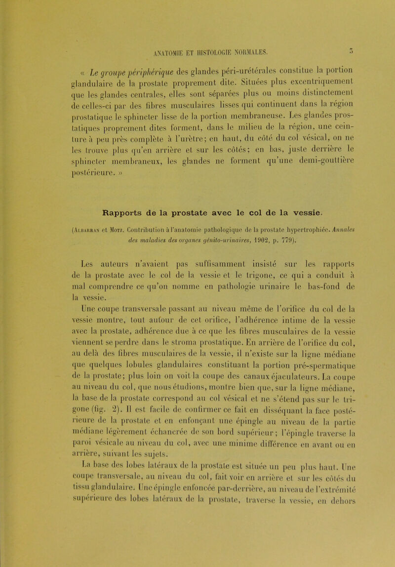 « Le groupe périphérique des glandes péri-urétérales constitue la portion glandulaire de la prostate proprement dite. Situées plus excentriquement que les glandes centrales, elles sont séparées plus ou moins distinctement de celles-ci par des fibres musculaires lisses qui continuent dans la région prostatique le sphincter lisse de la portion membraneuse. Les glandes pros- tatiques proprement dites forment, dans le milieu de la région, une cein- ture à peu près complète à l’urètre; en haut, du côté du col vésical, on ne les trouve plus qu’en arrière et sur les côtés; en bas, juste derrière le sphincter membraneux, les glandes ne forment qu’une demi-gouttière postérieure. » Rapports de la prostate avec le col de la vessie. (Ai.barran et Motz. Contribution à l’anatomie pathologique de la prostate hypertrophiée. Annales des maladies des organes génito-urinaires, 1902, p. 779). Les auteurs n’avaient pas suffisamment insisté sur les rapports de la prostate avec le col de la vessie et le trigone, ce qui a conduit à mal comprendre ce qu’on nomme en pathologie urinaire le bas-fond de la vessie. Une coupe transversale passant au niveau même de l’orifice du col de la vessie montre, tout autour de cet orifice, l’adhérence intime de la vessie avec la prostate, adhérence due à ce que les fibres musculaires de la vessie viennent se perdre dans le stroma prostatique. En arrière de l’orifice du col, au delà des fibres musculaires de la vessie, il n’existe sur la ligne médiane que quelques lobules glandulaires constituant la portion pré-spermatique de la prostate; plus loin on voit la coupe des canauxéjaeiilaleurs. La coupe au niveau du col, que nous éludions, montre bien que, sur la ligne médiane, la base de la prostate correspond au col vésical et ne s’étend pas sur le tri- gone (fig. 2). Il est facile de confirmer ce fait en disséquant la face posté- rieure de la prostate et en enfonçant une épingle au niveau de la partie médiane légèrement éehanerée de son bord supérieur; l’épingle traverse la paroi vésicale au niveau du col, avec une minime différence en avant ou en arrière, suivant les sujets. La base des lobes latéraux de la prostate est située un peu plus haut. Une coupe transversale, au niveau du col, fait voir en arrière et sur les côtés du tissu glandulaire. Une épingle enfoncée par-derrière, au niveau de l’extrémité supérieure des lobes latéraux de la prostate, traverse la vessie, en dehors