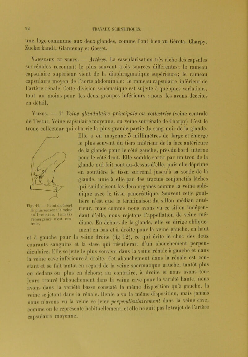 une loge commune aux deux glandes, comme l'ont bien vu Gérota, Gharpy, Zuckerkandl, Glantenay et Gosset. Vaisseaux et nerfs. — Artères. La vascularisation Lrès riche des capsules surrénales reconnaît le plus souvent trois sources différentes; le rameau capsulaire supérieur vient de la diaphragmatique supérieure; le rameau capsulaire moyen de l’aorte abdominale ; le rameau capsulaire inférieur de l’artère rénale. Celle division schématique est sujette à quelques variations, tout au moins pour les deux groupes inférieurs : nous les avons décrites en détail. Veines. — 1° Veine glandulaire principale ou collectrice (veine centrale de Testul. Veine capsulaire moyenne, ou veine surrénale de Gharpy). C’est le tronc collecteur qui charrie la plus grande partie du sang noir de la glande. Elle a en moyenne 5 millimètres de large et émerge le plus souvent du tiers inférieur de la face antérieure de la glande pour le côté gauche, près du bord interne pour le côté droit. Elle semble sortir par un trou de la glande qui fait pont au-dessus d’elle, puis elle déprime en gouttière le tissu surrénal jusqu’à sa sortie de la glande, unie à elle par des tractus conjonctifs lâches qui solidarisent les deux organes comme la veine splé- nique avec le tissu pancréatique. Souvent celle gout- tière n’est que la terminaison du sillon médian anté- rieur, mais comme nous avons vu ce sillon indépen- dant d’elle, nous rejetons l’appellation de veine mé- diane. En dehors de la glande, elle se dirige oblique- ment en bas et à droite pour la veine gauche, en haut et à gauche pour la veine droite (fig 12), ce qui évite le choc des deux courants sanguins et la stase qui résulterait d’un abouchement perpen- diculaire. Elle se jette le plus souvent dans la veine rénale à gauche et dans la veine cave inférieure à droite. Cet abouchement dans la rénale est con- stant et se fait tantôt en regard de la veine spermatique gauche, tantôt plus en dedans ou plus en dehors; au contraire, à droite si nous avons tou- jours trouvé l’abouchement dans la veine cave pour la variété haute, nous avons dans la variété liasse constaté la môme disposition qu a gauche, la veine se jetant dans la rénale. Ilenle a vu la môme disposition, mais jamais nous n’avons vu la veine se jeter perpendiculairement dans la veine cave, comme on le représente habituellement, et elle ne suit pas le trajet de 1 artère capsulaire moyenne. Fig. -12. — Point d’où sort le plus souvent la veine collectrice. Jamais l’émergence n’est cen- trale.