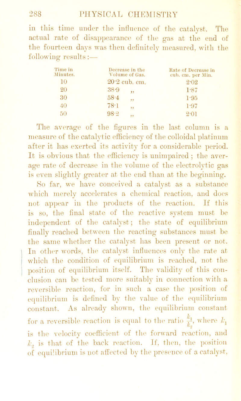 in this time under the influence of the catalyst. The actual rate of disappearance of the gas at the end of the fourteen days was then definitely measured, with the following results:— Time in Minutes. 10 20 30 40 50 Decrease in the Volume of Gas. 20-2 cub. cm. 38-9 „ 58-4 78-1 ff ff 982 it Rate of Decrease in cub. cm. per Min. 2'02 1-87 1-95 1- 97 2- 01 The average of the figures in the last column is a measure of the catalytic efficiency of the colloidal platinum after it has exerted its activity for a considerable period. It is obvious that the efficiency is unimpaired ; the aver- age rate of decrease in the volume of the electrolytic gas is even slightly greater at the end than at the beginning. So far, we have conceived a catalyst as a substance which merely accelerates a chemical reaction, and does not appear in the products of the reaction. If this is so, the final state of the reactive system must be independent of the catalyst; the state of equilibrium finally reached between the reacting substances must be the same whether the catalyst has been present or not. In other words, the catalyst influences only the rate at which the condition of equilibrium is reached, not the position of equilibrium itself. The validity of this con- clusion can be tested more suitably in connection with a reversible reaction, for in such a case the position of equilibrium is defined by the value of the equilibrium constant. As already shown, the equilibrium constant for a reversible reaction is equal to the ratio where 7q is the velocity coefficient of the forward reaction, and 7r is that of the back reaction. If, then, the position of equilibrium is not affected by the presence of a catalyst,