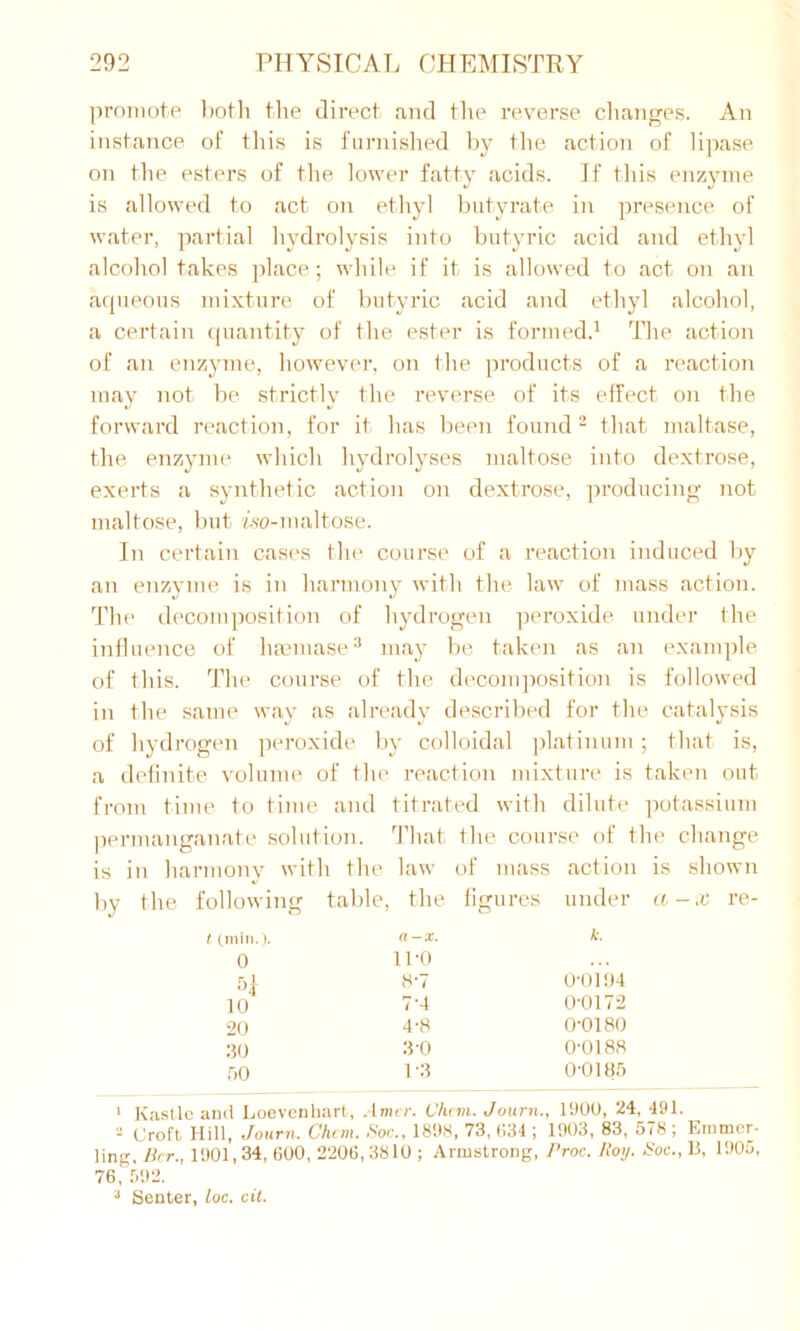 promote both the direct and the reverse changes. An instance of this is furnished by the action of lipase on the esters of the lower fatty acids. If this enzyme is allowed to act on ethyl butyrate in presence of water, partial hydrolysis into butyric acid and ethyl alcohol takes place; while if it is allowed to act on an aqueous mixture of butyric acid and ethyl alcohol, a certain quantity of the ester is formed.1 The action of an enzyme, however, on the products of a reaction may not be strictly the reverse of its effect on the forward reaction, for it has been found2 that maltase, the enzyme which hydrolyses maltose into dextrose, exerts a synthetic action on dextrose, producing not maltose, but iso-maltose. In certain cases the course of a reaction induced by an enzyme is in harmony with the law of mass action. The decomposition of hydrogen peroxide under the influence of luemase3 may be taken as an example of this. The course of the decomposition is followed in the same way as already described for the catalysis of hydrogen peroxide by colloidal platinum; that is, a definite volume of the reaction mixture is taken out from time to time and titrated with dilute potassium permanganate solution. That the course of the change is in harmony with the law of mass action is shown by the following table. , the figures o under a - x re- t (min.). a-x. k. 0 11-0 r. 1 8-7 0-0104 10 7-4 0-0172 20 4-8 0-0180 30 30 0-0188 50 1-3 0-0185 1 Kastle and Loevenhart, .4mit. Chcm. Journ., 1400, 24, 491. - Croft Hill, Journ. Chan. Sac., 1898, 73, 034 ; 1903, 83, 578; Ernmcr- ling, Per., 1901,34, 600, 2206, 3810 ; Armstrong, Proc. Roy. Soc., B, 1905, 76,' 592. 3 Senter, loc. cit.