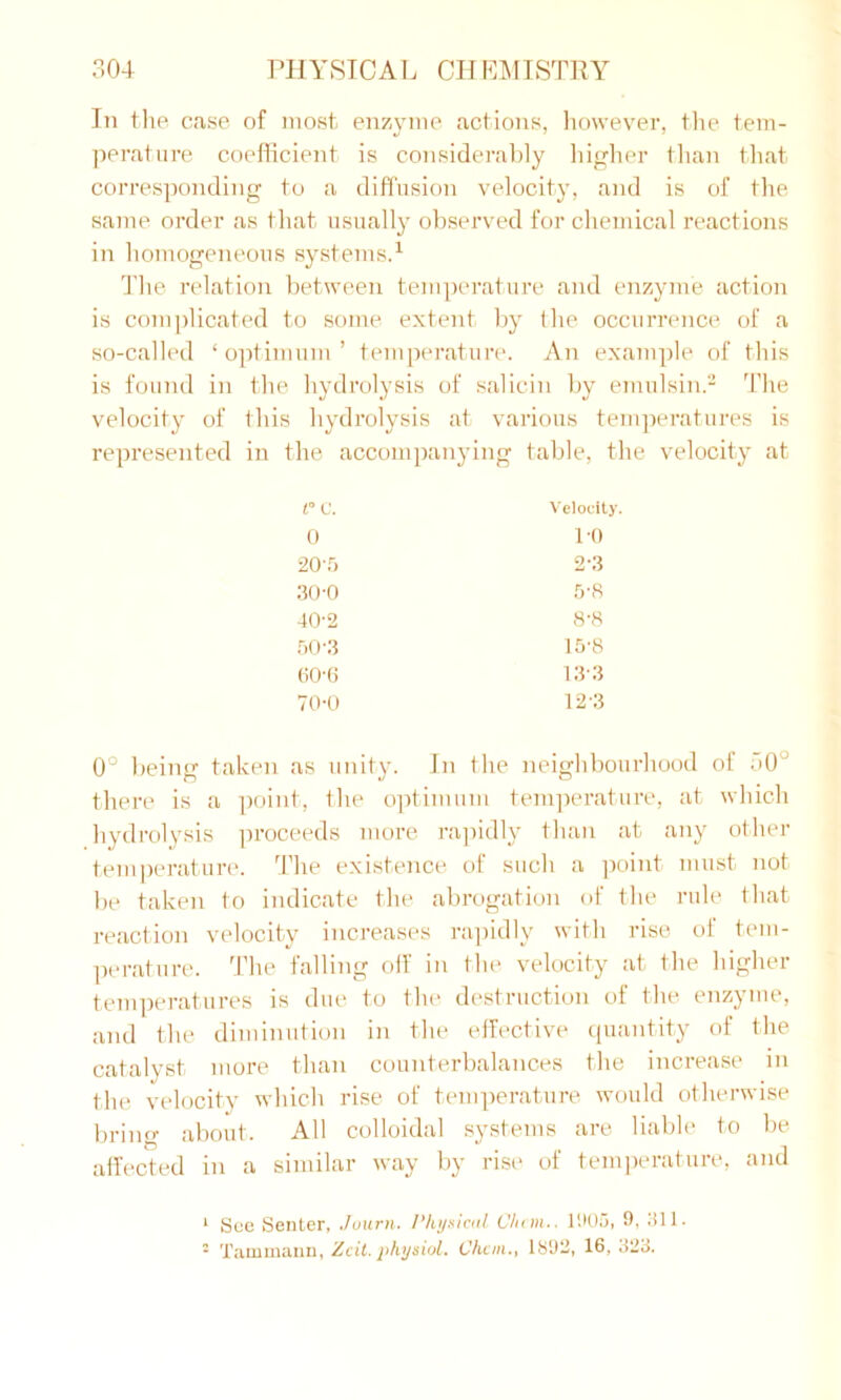 In the case of most enzyme actions, however, the tem- perature coefficient is considerably higher than that corresponding to a diffusion velocity, and is of the same order as that usually observed for chemical reactions in homogeneous systems.1 The relation between temperature and enzyme action is complicated to some extent by the occurrence of a so-called ‘ optimum ’ temperature. An example of this is found in the hydrolysis of salicin by emulsin.2 The velocity of this hydrolysis at various temperatures is represented in the accompanying table, the velocity at r c. Velocity. 0 10 20-5 23 30-0 5'8 40-2 8-8 50-3 15'8 60-6 133 70-0 12-3 0° being taken as unity. In the neighbourhood of 50° there is a point, the optimum temperature, at which hydrolysis proceeds more rapidly than at any other temperature. The existence of such a point must not be taken to indicate the abrogation of the rule that reaction velocity increases rapidly with rise of tem- perature. The falling off in the velocity at the higher temperatures is due to the destruction of the enzyme, and the diminution in the effective quantity of the catalyst more than counterbalances the increase in the velocity which rise of temperature would otherwise bring about. All colloidal systems are liable to be affected in a similar way by rise of temperature, and 1 See Senter, Juurn. Physical Chan., 1905, 9, 311. 2 Tammann, Zcit. physiol. Chan., 1892, 16, 323.