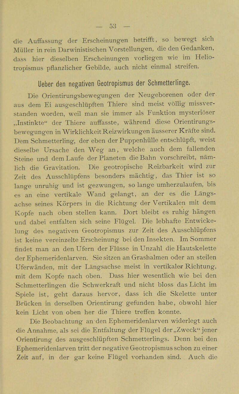 die Auffassung der Erscheinungen betrifft, so bewegt sich Müller in rein Darwinistischen Vorstellungen, die den Gedanken, dass hier dieselben Erscheinungen vorliegen wie im Helio- tropismus pflanzlicher Gebilde, auch nicht einmal streifen. Lieber den negativen Geotropismus der Schmetterlinge. Die Orientirungsbewegungen der Neugeborenen oder der aus dem Ei ausgeschlüpften Thiere sind meist völlig missver- standen worden, weil man sie immer als Punktion mysteriöser ,.Instinkte“ der Thiere auffasste, während diese Orientirungs- bewegungen in Wirklichkeit Reizwirkungen äusserer Kräfte sind. Dem Schmetterling, der eben der Puppenhülle entschlüpft, weist dieselbe Ursache den Weg an, welche auch dem fallenden Steine und dem Laufe der Planeten die Bahn vorschreibt, näm- lich die Gravitation. Die geotropische Reizbarkeit wird zur Zeit des Ausschlüpfens besonders mächtig, das Thier ist so lange unruhig und ist gezwungen, so lange umherzulaufen, bis es an eine vertikale Wand gelangt, an der es die Längs- achse seines Körpers in die Richtung der Vertikalen mit dem Kopfe nach oben stellen kann. Dort bleibt es ruhig hängen und dabei entfalten sich seine Flügel. Die lebhafte Entwicke- lung des negativen Geotropismus zur Zeit des Ausschlüpfens ist keine vereinzelte Erscheinung bei den Insekten. Im Sommer findet man an den Ufern der Flüsse in Unzahl die Hautskelette der Ephemeridenlarven. Sie sitzen an Grashalmen oder an steilen Uferwänden, mit der Längsachse meist in vertikaler Richtung, mit dem Kopfe nach oben. Dass hier wesentlich wie bei den Schmetterlingen die Schwerkraft und nicht bloss das Licht im Spiele ist, geht daraus hervor, dass ich die Skelette unter Brücken in derselben Orientirung gefunden habe, obwohl hier kein Licht von oben her die Thiere treffen konnte. Die Beobachtung an den Ephemeridenlarven widerlegt auch die Annahme, als sei die Entfaltung der Flügel der „Zweck“ jener Orientirung des ausgeschlüpften Schmetterlings. Denn bei den Ephemeridenlarven tritt der negative Geotropismus schon zu einer Zeit auf, in der gar keine Flügel vorhanden sind. Auch die