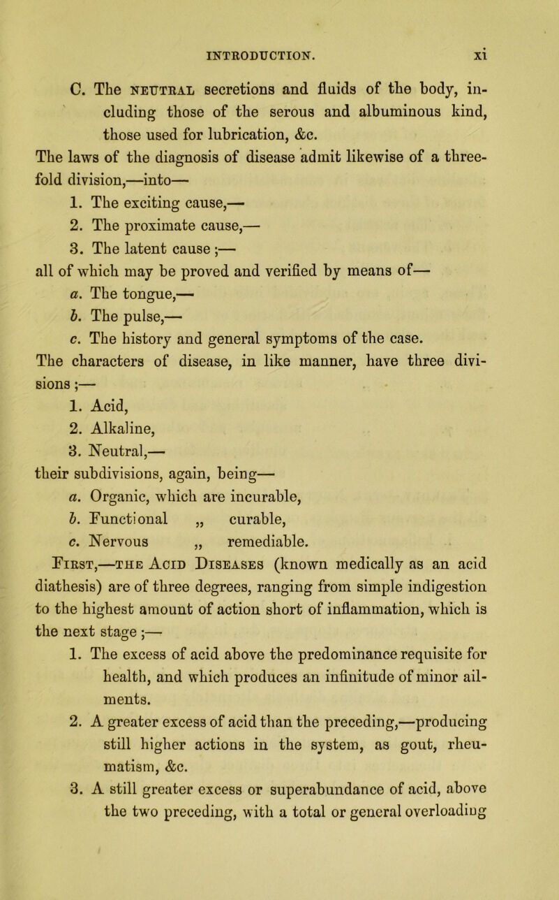 C. The neutral secretions and fluids of the body, in- cluding those of the serous and albuminous kind, those used for lubrication, &c. The laws of the diagnosis of disease admit likewise of a three- fold division,—into— 1. The exciting cause,— 2. The proximate cause,— 3. The latent cause ;— all of which may be proved and verified by means of— a. The tongue,— b. The pulse,— c. The history and general symptoms of the case. The characters of disease, in like manner, have three divi- sions ;— 1. Acid, 2. Alkaline, 3. Neutral,— their subdivisions, again, being— a. Organic, which are incurable, b. Functional „ curable, c. Nervous „ remediable. First,—the Acid Diseases (known medically as an acid diathesis) are of three degrees, ranging from simple indigestion to the highest amount of action short of inflammation, which is the next stage ;— 1. The excess of acid above the predominance requisite for health, and which produces an infinitude of minor ail- ments. 2. A greater excess of acid than the preceding,—producing still higher actions in the system, as gout, rheu- matism, &c. 3. A still greater excess or superabundance of acid, above the two preceding, with a total or general overloading