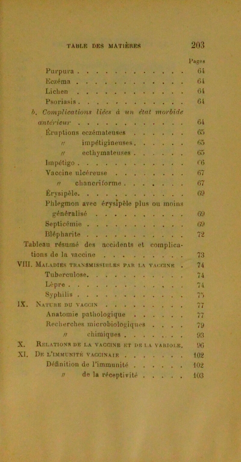 Pages Purpura 64 Eczéma 64 Lichen 64 Psoriasis 64 h. Complications liées à un étal morbide anterieur 64 Éruptions eczémateuses 65 n impétigineuses 65 n ecthymateuses 65 Impétigo f'6 Vaccine ulcéreuse 67 n ch a ne ri forme 67 Érysipèle 69 Phlegmon avec érysipèle plus ou moins généralisé 69 Septicémie 69 Blépharite 72 Tableau résumé des accidents et complica- tions de la vaccine 73 VIII. Maladies transmissiiiles par i.a vaccine . 74 Tuberculose 74 Lèpre 74 Syphilis 75 IX. Nature du vaccin 77 Anatomie pathologique 77 Recherches microbiologiques .... 79 n chimiques 93 X. Relations de i.a vaccine et de la variole. 96 XI. De l’immunité vaccina ie 102 Définition de l’immunité 102 // de la réceptivité 103