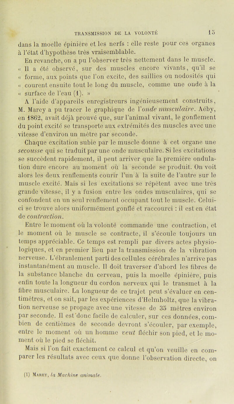 TRANSMISSION DE LA VOLONTE lo dans la moelle épinière et les nerfs : elle reste pour ces organes il l’état d’hypothèse très vraisemblable. En revanche, on a pu l’observer très nettement dans le muscle. « 11 a été observé, sur des muscles encore vivants, qu’il se (( forme, aux points que l’on excite, des saillies ou nodosités qui (( courent ensuite tout le long du muscle, comme une onde à la « surface de l’eau (1). » A l’aide d’appareils enregistreurs ingénieusement construits, M. Marey a pu tracer le graphique de Voiide musculaire. Aéby, en 1862, avait déjà prouvé que, sur l’animal vivant, le gonllement du point excité se transporte aux extrémités des muscles avec une vitesse d’environ un mètre par seconde. Chaque excitation subie par le muscle donne à cet organe une secousse qui se traduit par une onde musculaire. Si les excitations se succèdent rapidement, il peut arriver que la première ondula- tion dure encore au moment où la seconde se produit. On voit alors les deux renflements courir l’un à la suite de l’autre sur le muscle excité. Mais si les excitations se répètent avec une très grande vitesse, il y a fusion entre les ondes musculaires, qui se confondent en un seul renflement occupant tout le muscle. Celui- ci se trouve alors uniformément gonflé et raccourci : il est en état de contraction. Entre le moment où la volonté commande une contraction, et le moment où le muscle se contracte, il s’écoule toujours un temps appréciable. Ce temps est rempli par divers actes physio- logiques, et en premier lieu par la transmission de la vibration nerveuse. L’ébranlement parti des cellules cérébrales n’arrive pas instantanément au muscle. 11 doit traverser d’abord les libres de la substance blanche du cerveau, puis la moelle épinière, puis enfin toute la longueur du cordon nerveux qui le transmet à la fibre musculaire. La longueur de ce trajet peut s’évaluer en cen- timètres, et on sait, par les expériences d’Helmholtz, que la vibra- tion nerveuse se propage avec une vitesse de 35 mètres environ par seconde. 11 est'donc facile de calculer, sur ces données, com- bien de centièmes de seconde devront s’écouler, par exemple, entre le moment où un boinme veut fléchir son ined, et le mo- ment où le pied se fléchit. Mais si l’on fait exactement ce calcul et qu’on veuille en com- parer les résultats avec ceux (pie donne l’observation directe, on (1) Mamkv, ta Machine animale.