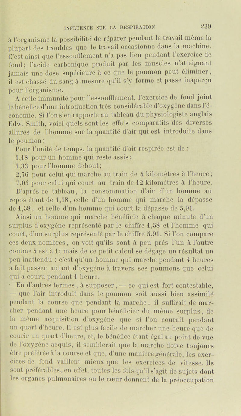 230 INFLUENCE SUR LA RESPIRATION à l’organisiuo la possibilité cio réparer pendant le tra\ail nieine la plupart des troubles que le travail occasionne dans la machine. C’est ainsi que l’essoufllement n’a pas lieu pendant 1 exercice de fond; l’acide carbonique produit par les muscles n’atteignant jamais une dose supérieure à ce que le poumon peut éliminer, il est chassé du sang à mesure qu’il s’y forme et passe inaperçu pour l’organisme. A cette immunité pour l’essoufflement, l’exercice de fond joint le bénéfice d’une introduction très considérable d’oxygène dans l’é- conomie. Si l’on s’en rapporte au tableau du physiologiste anglais Edw. Smith, voici quels sont les clfcts comparatifs des diverses allures de rhonmie sur la quantité d’air qui est introduite dans le poumon : Pour l’unité de temps, la ([uanlité d'air respirée est de : 1,18 pour un homme qui reste assis ; 1,33 pour l’homme debout; 2,G pour celui qui marche au train de 4 kilomètres h l’heure; 7,05 pour celui qui court au train de 12 kilomètres h l’heure. D’après ce tableau, la consommation d’air d’un homme au repos étant de 1,18, celle d’un homme qui marche la dépasse de 1,38, et celle d’un homme qui court la dépasse de 3,91. Ainsi un homme qui marche bénéficie à chaque minute d’un surplus d’oxygène représenté par le chiffre 1,38 et l’homme qui court, d’un surplus représenté par le chilîre 3,91. Si l’on compare ces deux nombres, on voit qu’ils sont à peu près l’un à l’autre comme 4 est iil; mais de ce petit calcul se dégage un résultat un peu inattendu : c’est qu’un homme qui marche pendant 4 heures a fait passer autant d’oxygène h travers ses poumons que celui ([ui a couru pendant 1 heure. • En d’autres termes , à supposer, — ce qui est fort contestable, — que l’air introduit dans le poumon soit aussi bien assimilé pendant la course (pie pendant la marche, il sullirait de mar- cher pendant une heure pour bénéficier du môme surplus, de la imune ac(iuisition d'oxygène que si l’on courait pendant un (piart d’heure. 11 est plus facile do marcher une heure que do courir un (juart d’heure, et, le bénéfice étant égalai! point de vue de I oxygéné accpiis, il semblerait que la marche doive tijujours être préférée î’ila course et ipie, d’une manière générale, les exer- cices de fond vaillent mieux que les exercices de vitesse. Ils sont préférables, en elfet, toutes les fois (pi’il s’agit de sujets dont les organes pulmonaires ou le cœur donnent de la préoccupation