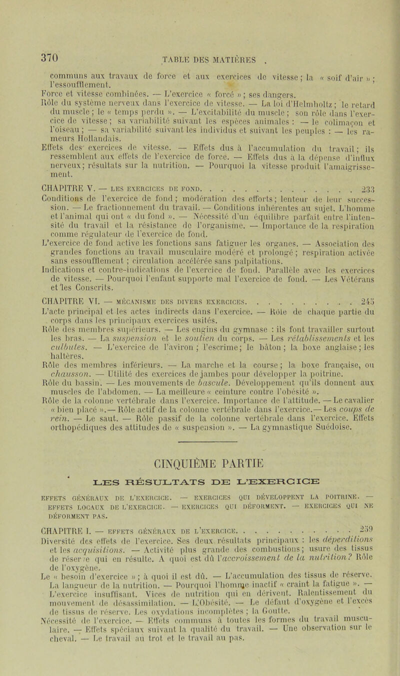 communs aux travaux de force et aux exercices de vitesse ; la « soif d’air » ■ ressoufflement. ’ Force et vitesse combiuûes. — L’exercice « forcé » ; ses dangers. Rôle du système nerveux dans l’exercice de vitesse. — La loi d’IIelmlioltz ; le retard du muscle; le « temps perdu ». — L’excitabilité du muscle; sou rôle dans l'exer- cice de vitesse ; sa variabilité suivant les especes animales : — le colimaçon et l’oiseau; — sa varialiilité suivant les individus et suivant les peuples : — les ra- meurs Hollandais. Elfets des' exercices de vitesse. — Effets dus à l’accumulation du travail ; ils ressemblent aux elfets de Fcxercice de force. — Elfets dus ii la dépense d’influx nerveux; résultats sur la nutrition. — Pounpioi la vitesse produit l’amaigrisse- ment. CHAPITRE V. — LKS EXEnciCES oe fond 2,33 Conditions de l'exercice de fond; modération des efforts; lenteur de leur succes- sion. — Le fractionnement du travail. — Conditions inbérentes au sujet. L’bomme et l’animal qui ont « du fond ». — Nécessité d’un équilibre parfait entre l’inten- sité du travail et la résistance de l’organisme. — Importance de la l'cspiration comme régulateur de l’exercice de fond. L’exercice de fond active les fonctions sans fatiguer les organes. — Association des grandes fonctions au travail musculaire modéré et prolongé ; respiration activée sans essoufflement ; circulation accélérée sans ])alpitations. Indications et contre-indications de l’exercice de fond. Parallèle avec les exercices de vitesse. — Pourquoi l’enfant supporte mal l’exercice de fond. — Les Vétérans et Tes Conscrits. CHAPITRE VI. — MÉc.VNiSME des divers exercices 245 L’acte principal et les actes indirects dans l’exercice. — Rôle de cba([ue partie du corps dans les principaux exercices usités. Rôle des membres siqiérieurs. — Les engins du gymnase : ils font travailler surtout les bras. — La suspension et le soutien du corps. — Les rétablissements et les culbutes. — L’exercice de l’aviron; l’escrime; le bâton; la boxe anglaise ; les haltères. Rôle des membres inférieurs. — La marche et la course ; la boxe française, ou chausson. — Utilité des exercices de jambes pour dévelopiier la poitrine. Rôle du bassin. —Les mouvements de bascule. Développement qu’ils donnent aux muscles de l’ntidomen. — La meilleure « ceinture contre l’obésité ». Rôle de la colonne vertébrale dans l’exercice. Importance de l’attitude. — Le cavalier « bien placé ».— Rôle actif de la colonne vertébrale dans l’exercice.— Les coups de rein. — Le saut. — Rôle passif de la colonne vertébrale dans l’exercice. Elfets orthopédiques des attitudes de « suspension ». — La gymnastique Suédoise. CINQUIÈME PARTIE LES RÉSULTATS DE L’EXERCICE EFFETS GÉNÉRAUX DE I.’EXERCICE. — EXERCICES QUI DÉVELOl’l’ENT LA POITRINE. — EFFETS LOCAUX DE L’EXERCICE. — EXERCICES QUI DÉFORMENT. — EXERCICES QUI NE DÉFORMENT PAS. CHAPITRE I. — EFFETS GÉNÉRAUX DE L'EXERCICE -ÔÜ Diversité fies effets de l’exercice. Ses deux résultats principaux : les déperditions eX acquisitions. —Activité |dus grande des combustions; usure des tissus de réserre ([ui en résulte. A quoi est dù Vaccroissement de la 7iutrition? Rôle de l’oxygène. Le '< besoin d’exercice » ; à tpioi il est dô. — L’accumulation des tissus de réserve. La langueur de la nutrition. — Pourquoi l’homiiie inactif « craint la fatigue ». L’exercice insuflisant. Vices do nutrition (pii en dérivent. Ralentissement du mouvement de désassimilation. — L’Obésité. — Le défaut d'oxygène et 1 excès de tissus de réserve. Les oxydations inconqdètes ; la Coiilte. .Nécessité de l’exercice. — Elfets communs à toutes les formes du travail muscu- laire. — Effets spéciaux suivant la qualité du travail. — Une observation sur le cheval. — Le travail au trot et le travail au pas.