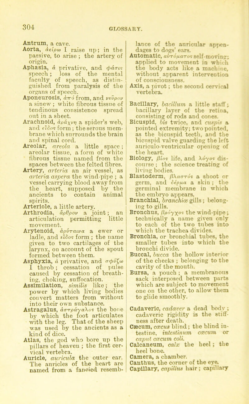 Antrum, a cave. Aorta, ieipio I raise up; in the passive, to arise ; the artery of origin. Aphasia, & privative, and </>acrj<: speech; loss of the mental faculty of speech, as distin- guished from paralysis of the organs of speech. Aponeurosis, a-rr6 from, and veupou a sinew ; white fibrous tissue of tendinous consistence spread out in a sheet. Arachnoid, a spider’s web, and eloos form; the serous mem- brane which surrounds the brain and spinal cord. Areolar, areola a little space; areolar tissue, a form of white fibrous tissue named from the spaces between the felted fibres. Artery, arteria an air vessel, as arteria aspera the wind-pipe ; a vessel carrying blood away from the heart, supposed by the ancients to contain animal spirits. Arteriole, a little artery. Arthrodia, apdpov a joint; an articulation permitting little movement. Arytenoid, &pvTaiva a ewer or ladle, and tlfios form ; the name given to two cartilages of the larynx, on account of the spout formed between them. Asphyxia, a privative, and arpu^ui I throb; cessation of pulse caused by cessation of breath- ing, choking, suffocation. Assimilation, similis like; the power by which living bodies convert matters from without into their own substance. Astragalus, acrrpayaXos the bone by w'hich the foot articulates with the leg. That of the sheep was used by the ancients as a kind of dice. Atlas, the god who bore up the pillars of heaveu ; the first cer- vical vertebra. Auricle, auricula the outer ear. The auricles of the heart are named from a fancied resemb- lance of the auricular appen- dages to dogs’ ears. Automatic, auTo/ia-rov self-moving; applied to movement in which the body acts like a machine, without apparent intervention of consciousness. Axis, a pivot; the second cervical vertebra. Bacillary, bacillum a little staff; bacillary layer of the retina, consisting of rods and cones. Bicuspid, bis twice, and cuspis a pointed extremity; two pointed, as the bicuspid teeth, and the bicuspid valve guarding the left auriculo-ventricular opening of the heart. Biology, /3t'os life, and \6yoi dis- course ; the science treating of living bodies. Blastoderm, /lAao-ro's a shoot or germ, and den/ia a skin; the germinal membrane in which the embryo appears. Branchial, branchioe gills; belong- ing to gills. Bronchus, fipnyxos the wind-pipe; technically a name given only to each of the two tubes into which the trachea divides. Bronchia, or bronchial tubes, the smaller tubes into which the bronchi divide. Buccal, bucca. the hollow interior of the cheeks ; belonging to the cavity of the mouth. Bursa, a pouch ; a membranous sack interposed between parts which are subject to movement one on the other, to allow them to glide smoothly. Cadaveric, cadaver a dead body ; cadaveric rigidity is the stiff- ness after death. Caecum, ccecus blind; the blind in- testine, intestinum ccectnn or caput cat cum coli. Calcaneum, calx the heel; the heel bone. Camera, a chamber. Canthus, the corner of the eye. Capillary, capillus hair; capillary