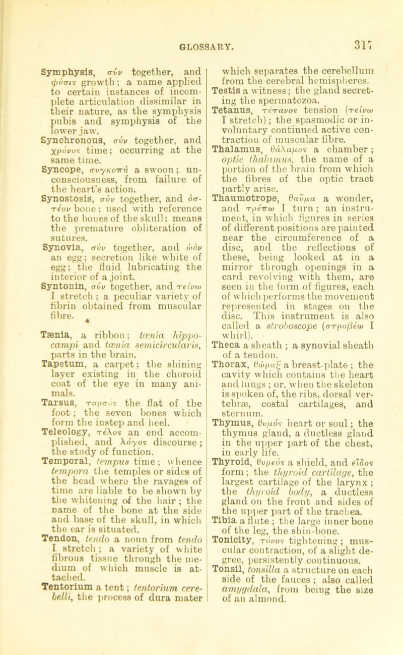 311 Symphysis, triv together, and tpvais growth; a name applied to certain instances of incom- plete articulation dissimilar in their nature, as the symphysis pubis and symphysis of the lower jaw. Synchronous, aiv together, and XpoVos time; occurring at the same time. Syncope, truyKom'i a swoon; un- consciousness, from failure of the heart’s action. Synostosis, auv together, and o<r- Teov bone ; used with reference to the bones of the skull; means the premature obliteration of sutures. Synovia, <ruu together, and u<6v an egg; secretion like white of egg; the fluid lubricating the interior of a joint. Syntonin, aiu together, and return I stretch ; a peculiar variety of fibrin obtained from muscular fibre. Taenia, a ribbon; tcenia hippo- campi and tcenia semicircular is, parts in the brain. Tapetum, a carpet; the shining layer existing in the choroid coat of the eye in many ani- mals. Tarsus, rapa.is the flat of the foot; the seven bones which form the instep and heel. Teleology, reXos an end accom- plished, and Xoyos discourse; the study of function. Temporal, tempus time ; whence tempora the temples or sides of the head where the ravages of time are liable to be shown by the whitening of the hair; the name of the bone at the side and base of the skull, in which the ear is situated. Tendon, tendo a noun from tendo I stretch; a variety of white fibrous tissue through the me- dium of which muscle is at- tached. Tentorium a tent; tentorium cere- belli, the process of dura mater which separates the cerebellum from the cerebral hemispheres. Testis a witness; the gland secret- ing the spermatozoa. Tetanus, reruvo'i tension (relutu I stretch); the spasmodic or in- voluntary continued active con- traction of muscular fibre. Thalamus, t)«Xagos a chamber; optic thalamus, the name of a portion of the brain from which the fibres of the optic tract partly arise. Thaumotrope, 0«ug« a wonder, and rpe-irw I turn; an instru- ment, in which figures in series of different positions are paiuted near the circumference of a disc, and the reflections of these, beiug looked at in a mirror through openings in a card revolving with them, are seen in the form of figures, each of which performs the movement represented in stages on the disc. This instrument is also called a stroboscope (orpnfieui I whirl). Theca a sheath ; a synovial sheath of a tendon. Thorax, dwpug a breast-plate ; the cavity which contains the heart and lungs ; or, when the skeleton is spoken of, the ribs, dorsal ver- tebrae, costal cartilages, and sternum. Thymus, Hugo's heart or soul; the thymus gland, a ductless gland in the upper part of the chest, in early life. Thyroid, Hupeos a shield, and eiSos form; the thyroid cartilage, the largest cartilage of the larynx; the thyroid body, a ductless gland on the front and sides of the upper part of the trachea. Tibia a flute ; the large inner bone of the leg, the shin-bone. Tonicity, tokos tightening; mus- cular contraction, of a slight de- gree, persistently continuous. Tonsil, tonsilla a structure on each side of the fauces ; also called amygdala, from being the size of an almond.