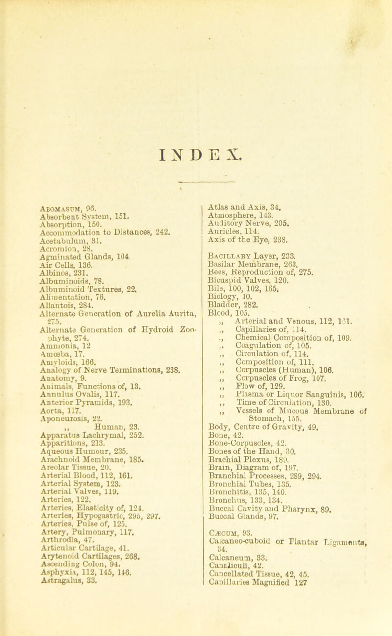 INDEX, Abomasum, 06. Absorbent System, 151. Absorption, 150. Accommodation to Distances, 242. Acetabulum, 81. Acromion, 2S. Agminated Glands, 104. Air Cells, 136. Albinos, 231. Albuminoids, 78. Albuminoid Textures, 22. Alimentation, 76. Allantois, 284. Alternate Generation of Aurelia Aurita, 275. Alternate Generation of Hydroid Zoo- phyte, 274. Ammonia, 12 Amoeba, 17. Amyloids, 166. Analogy of Nerve Terminations, 238. Anatomy, 9. Animals, Functions of, 13. Annulus Ovalis, 117. Anterior Pyramids, 193. Aorta, 117. Aponeurosis, 22. ,, Human, 23. Apparatus Lachrymal, 252. Apparitions, 213. Aqueous Humour, 235. Arachnoid Membrane, 185. Areolar Tissue, 20. Arterial Blood, 112, 161. Axterial System, 123. Arterial Valves, 119. Arteries, 122. Arteries, Elasticity of, 124. Arteries, Hypogastric, 295, 297. Arteries, Pulse of, 125. Artery, Pulmonary, 117. Arthrodia, 47. Articular Caxtilage, 41. Arytenoid Cartilages, 268. Ascending Colon, 94. Asphyxia, 112, 145, 146. Astragalus, 33. Atlas and Axis, 34. Atmosphere, 143. Auditory Nerve, 205. Auricles, 114. Axis of the Eye, 238. Bacillary Layer, 233. Basilar Membrane, 263. Bees, Reproduction of, 275. Bicuspid Valves, 120. Bile, 100, 102, 165. Biology, 10. Bladder, 282. Blood, 105. „ Arterial and Venous, 112, 161. ,, Capillaries of, 114. „ Chemical Composition of, 109. ,, Coagulation of, 105. ,, Circulation of, 114. ,, Composition of, 111. ,, Coi-puscles (Human), 106. ,, Corpusoles of Frog, 107. ,, Flow of, 129. ,, Plasma or Liquor Sanguinis, 106. ,, Time of Circulation, 130. ,, Vessels of Mucous Membrane of Stomach, 155. Body, Centre of Gravity, 49. Bone, 42. Bone-Corpuscles, 42. Bones of the Hand, 30. Brachial Plexus, 189. Brain, Diagi-am of, 197. Branchial Processes, 2S9, 294. Bronchial Tubes, 135. Bronchitis, 135, 140. Bronchus, 133, 134. Buccal Cavity and Phax-ynx, 89. Buccal Glands, 97. C.ECUM, 93. Calcaneo-cuboid or Plantar Ligaments, 34. Calcaneum, S3. Cansliculi, 42. Cancellated Tissue, 42, 45. Canillaries Magnified 127