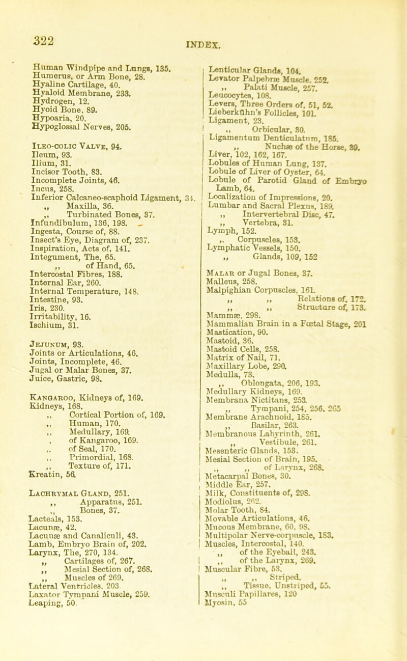 INDEX. Human Windpipe and Lunge, 135. Humerus, or Arm Bone, 28. Hyaline Cartilage, 40. Hyaloid Membrane, 233. Hydrogen, 12. Hyoid Bone. 89. Hypoaria, 20. Hypoglossal Nerves, 205. Ileo-colic Valve, 94. Ileum, 93. Ilium, 31. Incisor Tooth, 83. Incomplete Joints, 46. Incus, 258. Inferior Calcaneo-scaphoid Ligament, 3 i. „ Maxilla, 36. ,, Turbinated Bones, 37. Infundibulum, 136, 198. _ Ingesta, Course of, 88. Insect’s Eye, Diagram of, 237. Inspiration, Acts of, 141. Integument, The, 65. ,, of Hand, 65. Intercostal Fibres, 188. Internal Ear, 260. Internal Temperature, 148. Intestine, 93. Iris, 230. Irritability, 16. Ischium, 31. Jejunum, 93. Joints or Articulations, 46. Joints, Incomplete, 46. Jugal or Malar Bones, 37. Juice, Gastric, 98. Kangaroo, Kidneys of, 169. Kidneys, 168. „ Cortical Portion of, 169. ,, Human, 170. ,, Medullary, 169. , of Kangaroo, 169. ,. ofSeal, 170. ,, Primordial, 168. ,, Texture of, 171. Kreatin, 56. Lachrymal Gland, 251. ,, Apparatus, 251. „ Bones, 37. Lacteals, 153. Lacunae, 42. I.acuua' and Canaliculi, 43. Lamb, Embryo Brain of, 202. Larynx, The, 270, 134. „ Cartilages of, 267. ,, Mesial Section of, 268. ,, Muscles of 269. Lateral Ventricles. 203 Laxator Tymnani Muscle, 259. Leaping, 50 ( Lenticular Glands, 104. I Levator Palpebrm Muscle. 252. „ Palati Muscle, 257. Leucocytes, 108. Levers, Three Orders of, 51, 52. Lieberktthn's Follicles, 10L Ligament, 23. ! „ Orbicular, 30. Ligamentum Denticulatnm, 185. ,, Nuchae of the Horse, 39. Liver, 102, 162, 167. Lobules of Human Lung, 137. ! Lobule of Liver of Oyster, 64. Lobule of Parotid Gland of Embryo Lamb, 64. Localization of Impressions, 20. Lumbar and Sacral Plexus, 189. „ Intervertebral Disc, 47. „ Vertebra, 3L Lymph, 152. „ Corpuscles, 153. Lymphatic Vessels, 150. „ Glands, 109, 152 Malar or Jugal Bones, 37. Malleus, 258. Malpighian Corpuscles, 161. ,, ,, Relations of, 172. „ ,, Structure of, 173. Mammae, 298. Mammalian Brain in a Foetal Stage, 201 Mastication, 90. Mastoid, 36. Mastoid Cells, 258. Matrix of Nail, 71. Maxillary Lobe, 290. Medulla, 73. ,, Oblongata, 206, 193. Medullary Kidneys, 169. Membrana Nictitans, 253 ,, Tympani, 254, 256. 205 Membrane Arachnoid, 1S5. ,, Basilar, 263. Membranous Labyrinth, 261. ,, Vestibule, 261. Mesenteric Glands, 153. Mesial Section of Brain, 195. I „ ,, of Larynx, 268. I Metacarpal Bones, 30. , Middle Ear, 257. Milk, Constituents of, 29S. Modiolus, 262. M olar Tooth, S4. Movable Articulations, 46. Mucous Membrane, 60. OS. i Multipolar Nerve-corpuscle, 1S3. | Muscles, Intercostal, 140. ,, of the Eyeball, 243. I ,, of the Larynx, 269. i Muscular Fibre, 53. „ „ Striped. „ Tissue, Unstriped, 55. Musenli Papillares, 120 Myosin, 55