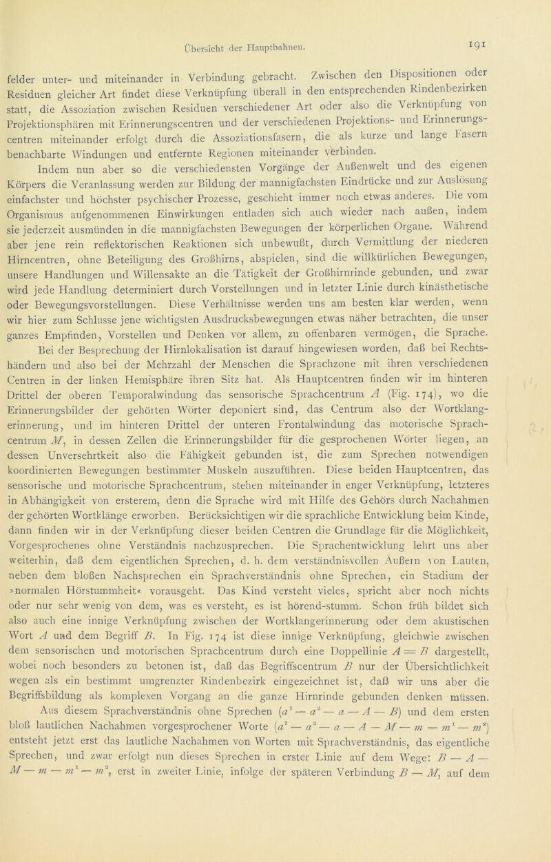 felder unter- und miteinander in Verbindung gebracht. Zwischen den Dispositionen oder Residuen gleicher Art findet diese Verknüpfung überall in den entsprechenden Kindenbeziiken statt, die Assoziation zwischen Residuen verschiedener Art oder also die Verknüpfung, von Projektionsphären mit Erinnerungscentren und der verschiedenen Projektions- und Ivrinnerungs- centren miteinander erfolgt durch die Assoziationsfasern, die als kurze und lange fasern benachbarte Windungen und entfernte Regionen miteinander verbinden. Indem nun aber so die verschiedensten Vorgänge der Außenwelt und des eigenen Körpers die Veranlassung werden zur Bildung der mannigfachsten Eindrücke und zur Auslösung einfachster und höchster psychischer Prozesse, geschieht immer noch etwas anderes. Die vom Organismus aufgenommenen Einwirkungen entladen sich auch wieder nach außen, indem sie jederzeit ausmünden in die mannigfachsten Bewegungen der körperlichen Organe. Während aber jene rein reflektorischen Reaktionen sich unbewußt, durch Vermittlung der niederen Hirncentren, ohne Beteiligung des Großhirns, abspielen, sind die willkürlichen Bewegungen, unsere Handlungen und Willensakte an die Tätigkeit der Großhirnrinde gebunden, und zwar wird jede Handlung determiniert durch Vorstellungen und in letzter Linie durch kinästhetische oder Bewegungsvorstellungen. Diese Verhältnisse werden uns am besten klar werden, wenn wir hier zum Schlüsse jene wichtigsten Ausdrucksbewegungen etwas näher betrachten, die unser ganzes Empfinden, Vorstellen und Denken vor allem, zu oftenbaren vermögen, die Sprache. Bei der Besprechung der Hirnlokalisation ist darauf hingewiesen worden, daß bei Rechts- händern und also bei der Mehrzahl der Menschen die Sprachzone mit ihren verschiedenen Centren in der linken Hemisphäre ihren Sitz hat. Als Hauptcentren finden wir im hinteren Drittel der oberen 'Pemporalwindung das sensorische Sprachcentrum A (Eig. 174), wo die Erinnerungsbilder der gehörten Wörter deponiert sind, das Centrum also der Wortklang- erinnerung, und im hinteren Drittel der unteren Erontalwindung das motorische Sprach- centrum fl/, in dessen Zellen die Erinnerungsbilder für die gesprochenen Wörter liegen, an dessen Unversehrtheit also die Fähigkeit gebunden ist, die zum Sprechen notwendigen koordinierten Bewegungen bestimmter Muskeln auszuführen. Diese beiden Hauptcentren, das sensorische und motorische Sprachcentrum, stehen miteinander in enger Verknüpfung, letzteres in Abhängigkeit von ersterem, denn die Sprache wird mit Hilfe des Gehörs durch Nachahmen der gehörten Wortklänge erworben. Berücksichtigen wir die sprachliche Entwicklung beim Kinde, dann finden wir in der Verknüpfung dieser beiden Centren die Grundlage für die Möglichkeit, Vorgesprochenes ohne Verständnis nachzusprechen. Die Sprachentwicklung lehrt uns aber weiterhin, daß dem eigentlichen Sprechen, d. h. dem verständnisvollen Äußern von Lauten, neben dem bloßen Nachsprechen ein Sprachverständnis ohne Sprechen, ein Stadium der »normalen Hörstummheit« vorausgeht. Das Kind versteht vieles, spricht aber noch nichts oder nur sehr wenig von dem, was es versteht, es ist hörend-stumm. Schon früh bildet sich also auch eine innige Verknüpfung zwischen der Wortklangerinnerung oder dem akustischen Wort A und dem Begriff B. In Eig. 174 ist diese innige Verknüpfung, gleichwie zwischen dem sensorischen und motorischen Sprachcentrum durch eine Doppellinie A = B dargestellt, wobei noch besonders zu betonen ist, daß das Begriffscentrum B nur der Übersichtlichkeit wegen als ein bestimmt umgrenzter Rindenbezirk eingezeichnet ist, daß wir uns aber die Begriffsbildung als komplexen Vorgang an die ganze Hirnrinde gebunden denken müssen. Aus diesem Sprachverständnis ohne Sprechen {a^——a — A — B) und dem ersten bloß lautlichen Nachahmen vorgesprochener Worte [a^ — — a — A — M— m — uA— vA) entsteht jetzt erst das lautliche Nachahmen von Worten mit Sprachverständnis, das eigentliche Sprechen, und zwar erfolgt nun dieses Sprechen in erster Linie auf dem Wege: B — A — fl/ — in — iiA — ;//®, erst in zweiter Linie, infolge der späteren Verbindung B — fl/, auf dem