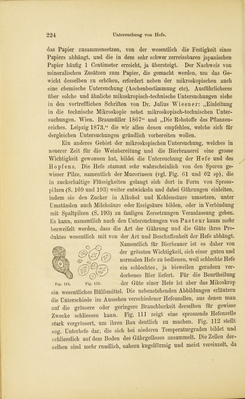 das Papier zusammensetzen, von der wesentlich die Festigkeit eines Papiers abhängt, und die in dem sehr schwer zerreissbaren japanischen Papier häufig 1 Centimeter erreicht, ja übersteigt. Der Nachweis von mineralischen Zusätzen zum Papier, die gemacht werden, um das Ge- wicht desselben zu erhöhen, erfordert neben der mikroskopischen auch eine chemische Untersuchung (ischenbestimmung etc). Ausführlicheres über solche und ähnliche mikoskropisch-technische Untersuchungen siehe in den vortrefflichen Schriften von Dr. Julius Wiesner: „Einleitung in die technische Mikroskopie nebst mikroskopisch-technischen Unter- suchungen. Wien. Braumüller 1867“ und „Die Rohstoffe des Pflanzen- reiches. Leipzig 1873,“ die wir allen denen empfehlen, welche sich für dergleichen Untersuchungen gründlich vorbereiten wollen. Ein anderes Gebiet der mikroskopischen Untersuchung, welches in neuerer Zeit für die Weinbereitung und die Bierbrauerei eine grosse Wichtigkeit gewonnen hat, bildet die Untersuchung der Hefe und des Hopfens. Die Hefe stammt sehr wahrscheinlich von den Sporen ge- wisser Pilze, namentlich der Mucorineen (vgl. Fig. 61 und 62 sp), die in zuckerhaltige Flüssigkeiten gelangt sich dort in Form von Spross- pilzen (S. 169 und 193) weiter entwickeln und dabei Gährungen einleiten, indem sie den Zucker in Alkohol und Kohlensäure umsetzen, unter Umständen auch Milchsäure oder Essigsäure bilden, oder in Verbindung mit Spaltpilzen (S. 193) zu fauligen Zersetzungen Veranlassung geben. Es kann, namentlich nach den Untersuchungen von Pasteur kaum mehr bezweifelt werden, dass die Art der Gährung und die Güte ihres Pro- duktes wesentlich mit von der Art und Beschaffenheit der Hefe abhängt. Namentlich für Bierbrauer ist es daher von der grössten Wichtigkeit, sich einer guten und normalen Hefe zu bedienen, weil schlechte Hefe ein schlechtes, ja bisweilen geradezu ver- dorbenes Bier liefert. Für die Beurtheilung der Güte einer Hefe ist aber das Mikoskrop ein wesentliches Hülfsmittel. Die nebenstehenden Abbildungen erläutern die Unterschiede im Aussehen verschiedener Hefenzellen, aus denen man Fig. in auf die grössere oder geringere Brauchbarkeit derselben für gewisse Zwecke scliliessen kann. Fig. 111 zeigt eine sprossende Hefenzelle stark vergrössert, um ihren Bau deutlich zu machen. Fig. 112 stellt sog. Unterliefe dar, die sich bei niederen Temperaturgraden bildet und schliesslich auf dem Boden des Gährgefässes ansammelt. Die Zelleu der- selben sind mehr rundlich, nahezu kugelförmig und meist vereinzelt, da