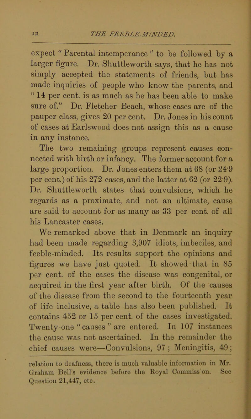 expect “ Parental intemperance ’’ to be followed by a larger figure. Dr. Shuttleworth says, that he has not simply accepted the statements of friends, but has made inquiries of people who know the parents, and  14 per cent, is as much as he has been able to make sure of.” Dr. Fletcher Beach, whose cases are of the pauper class, gives 20 per cent. Dr. Jones in his count of cases at Earlswood does not assign this as a cause in any instance. The two remaining groups represent causes con- nected with birth or infancy. The former account for a large proportion. Dr. Jones enters them at 68 (or 24'9 per cent.) of his 272 cases, and the latter at 62 (or 229). Dr. Shuttleworth states that convulsions, which he regards as a proximate, and not an ultimate, cause are said to account for as many as 33 per cent, of all his Lancaster cases. We remarked above that in Denmark an inquiry had been made regarding 3,907 idiots, imbeciles, and feeble-minded. Its results support the opinions and figures we have just quoted. It showed that in 85 per cent, of the cases the disease was congenital, or acquired in the first year after birth. Of the causes of the disease from the second to the fourteenth year of life inclusive, a table has also been published. It contains 452 or 15 per cent, of the cases investigated. Twenty-one “ causes ” are entered. In 107 instances the cause was not ascertained. In the remainder the chief causes were—Convulsions, 97 ; Meningitis, 49; relation to deafness, there is much valuable information in Mr. Graham Bell’s evidence before the Royal Commiss on. See Question 21,447, etc.
