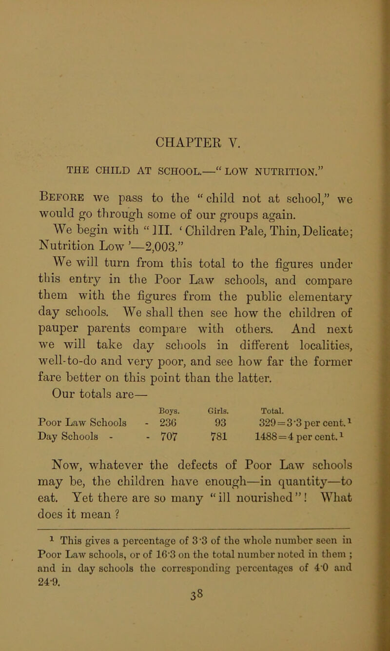 THE CHILD AT SCHOOL.—“LOW NUTRITION.” Before we pass to the “ child not at school,” we would go through some of our groups again. We begin with “ HI. ‘ Children Pale, Thin, Delicate; Nutrition Low ’—2,003.” We will turn from this total to the figures under this entry in the Poor Law schools, and compare them with the figures from the public elementary day schools. We shall then see how the children of pauper parents compare with others. And next we will take day schools in different localities, well-to-do and very poor, and see how far the former fare better on this point than the latter. Our totals are— Boys. Girls. Total. Poor Law Schools - 236 93 329 = 3 3 per cent.1 Day Schools - - 707 781 1488=4 per cent.1 Now, whatever the defects of Poor Law schools may be, the children have enough—in quantity—to eat. Yet there are so many “ill nourished”! What does it mean ? 1 This gives a percentage of 3 *3 of the whole number seen in Poor Law schools, or of 16-3 on the total number noted in them ; and in day schools the corresponding percentages of 4 0 and 24-9. 33