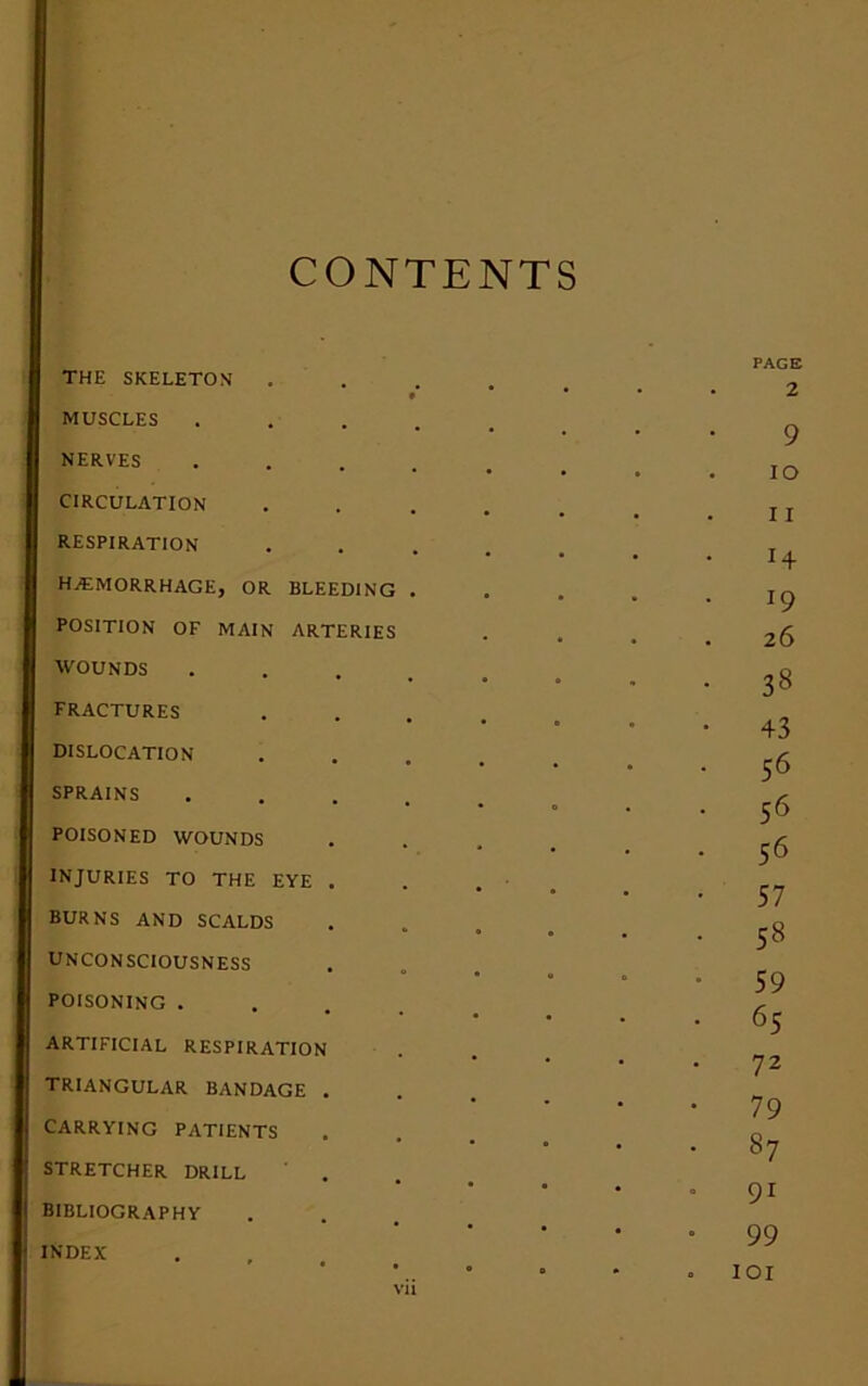 CONTENTS THE SKELETON' • MUSCLES NERVES . CIRCULATION . . RESPIRATION . haemorrhage, or BLEEDING . POSITION OF MAIN arteries WOUNDS . . fractures . . DISLOCATION . , SPRAINS POISONED WOUNDS INJURIES TO THE EYE . BURNS AND SCALDS UNCONSCIOUSNESS • 0 POISONING . ARTIFICIAL RESPIRATION TRIANGULAR BANDAGE . CARRYING PATIENTS STRETCHER DRILL BIBLIOGRAPHY INDEX vii PAGE 2 9 io 11 H J9 26 38 43 56 56 56 57 58 59 65 72 79 87 • 91 • 99 . 101