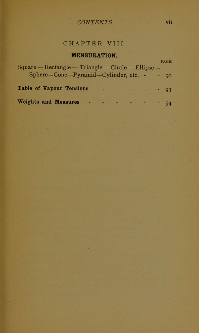 CHAPTER VIII. MENSURATION. Square — Rectangle — Triangle — Circle — Ellipse Sphere—Cone—-Pyramid—Cylinder, etc. - Table of Vapour Tensions .... Weights and Measures PAGE - 9i - 93