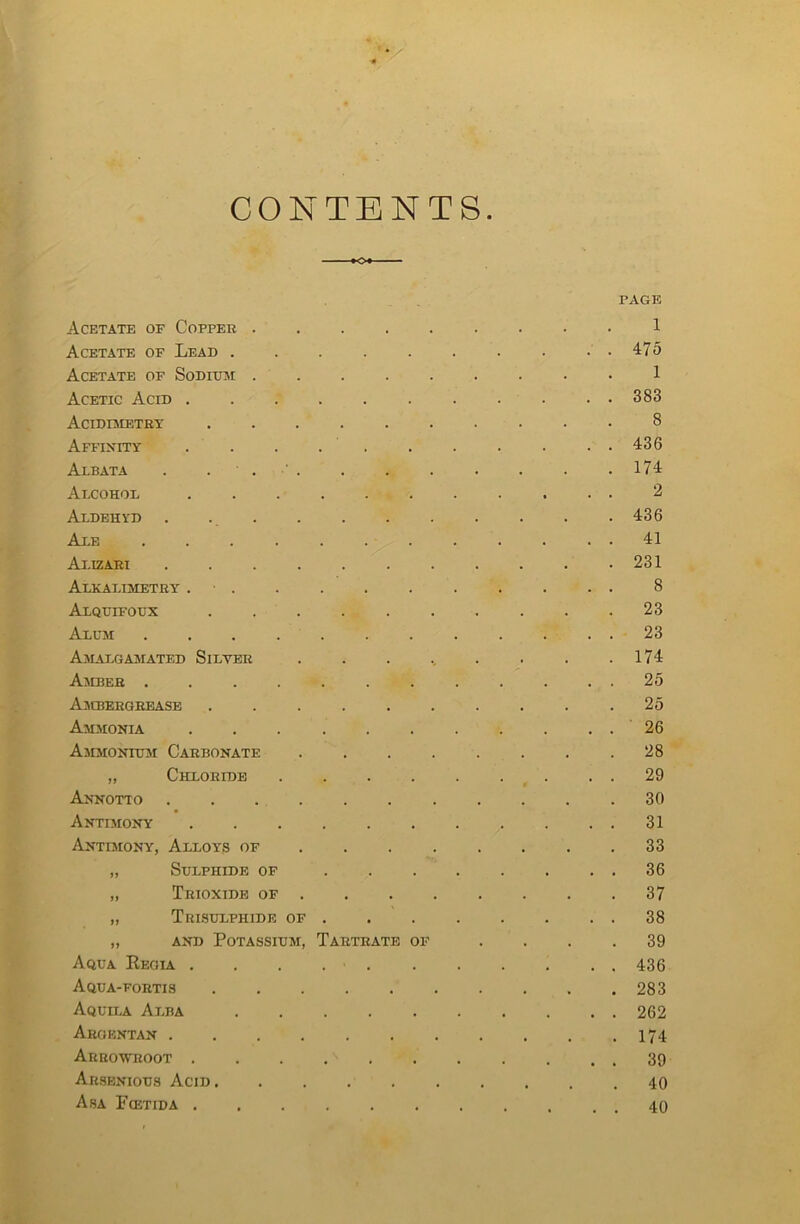 CONTENTS PAGE Acetate of Copper ......... 1 Acetate of Lead . . . . . . . . . . 475 Acetate of Sodium 1 Acetic Acid ........... 383 Acidimetry 8 Affinity . . . . . . . . . . . 436 Aibata . . . . . . . .174 Alcohol 2 Aldehyd ........... 436 Ale ............ 41 Alizari 231 Alkalimetry . • . . . . . . . . . . 8 Alquifoux 23 Alum ............ 23 Amalgamated Silver . . . .. . . . .174 Amber 25 Ambergrease 25 Ammonia . . 26 Ammonium Carbonate 28 „ Chloride 29 Annotto 30 Antimony ........... 31 Antimony, Alloys of 33 „ Sulphide of 36 „ Trioxide of 37 „ Tbisulphide of 38 „ and Potassium, Tartrate of .... 39 Aqua Regia . . . . 436 Aqua-fortis 283 Aquila Alba 262 Aroentan 174 Arrowroot 39 Arsbnious Acid 40 Asa Fcetida 40