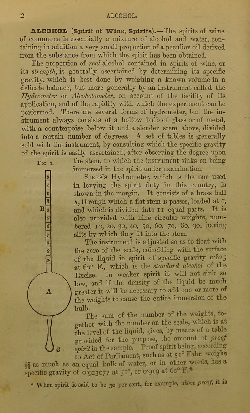 ALCOHOL (Spirit of Wine, Spirits).—The spirits of wine of commerce is essentially a mixture of alcohol and water, con- taining in addition a very small proportion of a peculiar oil derived from the substance from which the spirit has been obtained. The proportion of real alcohol contained in spirits of wine, or its strength, is generally ascertained by determining its specific gravity, which is best done by weighing a known volume in a delicate balance, but more generally by an instrument called the Hydrometer or Alcoholometer, on account of the facility of its application, and of the rapidity with which the experiment can be performed. There are several forms of hydrometer, but the in- strument always consists of a hollow bulb of glass or of metal, with a counterpoise below it and a slender stem above, divided into a certain number of degrees. A set of tables is generally sold with the instrument, by consulting which the specific gravity of the spirit is easily ascertained, after observing the degree upon the stem, to which the instrument sinks on being immersed in the spirit under examination. Sikes’s Hydrometer, which is the one used in levying the spirit duty in this country, is shown in the margin. It consists of a brass ball A, through which a flat stem b passes, loaded at c, also provided with nine circular weights, num- bered io, 20, 30, 40, 50, 60, 70, 80, 90, having slits by which they fit into the stem. The instrument is adjusted so as to float with the zero of the scale, coinciding with the surface of the liquid in spirit of specific gravity 0-825 at 6o° F., which is the standard alcohol of the Excise. In weaker spirit it will not sink so low, and if the density of the liquid be much greater it will be necessary to add one or more of the weights to cause the entire immersion of the The sum of the number of the weights, to- gether with the number on the scale, which is at the level of the liquid, gives, by means of a table provided for the purpose, the amount of proof spirit in the sample. Proof spirit being, according to Act of Parliament, such as at 510 Falir. weighs 1| as much as an equal bulk of water, or in other words, has a specific gravity of 0-923077 at 510, or 0-919 at 6o° F.* * When spirit is said to be 30 per cent., for example, above proof, it is Fig. 1.