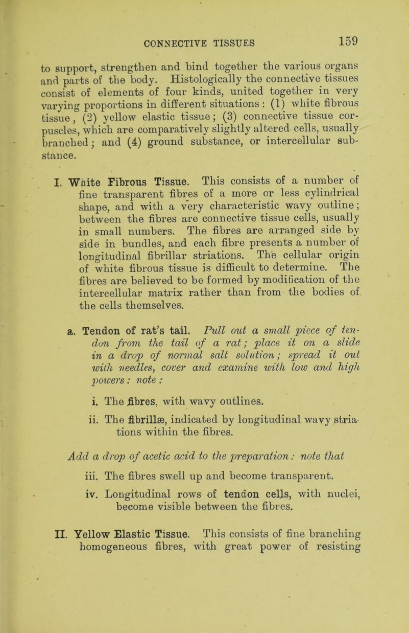 to support, strengthen and bind together the various organs and parts of the body. Histologically the connective tissues consist of elements of four kinds, united together in very varying proportions in different situations ; (1) white fibrous tissue, (2) yellow elastic tissue; (3) connective tissue cor- puscles, which are comparatively slightly altered cells, usually branched; and (4) ground substance, or intercellular sub- stance. I. White Fibrous Tissue. This consists of a number of fine transparent fibres of a more or less cylindrical shape, and with a very characteristic wavy outline; between the fibres are connective tissue cells, usually in small numbers. The fibres are arranged side by side in bundles, and each fibre presents a number of longitudinal fibrillar striations. The cellular origin of white fibrous tissue is difficult to determine. The fibres are believed to be formed by modification of the intercellular matrix rather than from the bodies of the cells themselves. a. Tendon of rat’s tail. Pull out a small piece of ten- don from the tail of a rat; place it on a slide- in a drop of normal salt solution; spread it out with needles, covet' and examine with low and high powers: note : i. The fibres, with wavy outlines. ii. The fibrillae, indicated by longitudinal wavy stria- tions within the fibres. Add a drop of acetic acid to the preparation: note that iii. The fibres swell up and become transparent. iv. Longitudinal rows of tendon cells, with nuclei, become visible between the fibres. II. Yellow Elastic Tissue. This consists of fine branching homogeneous fibres, with great power of resisting