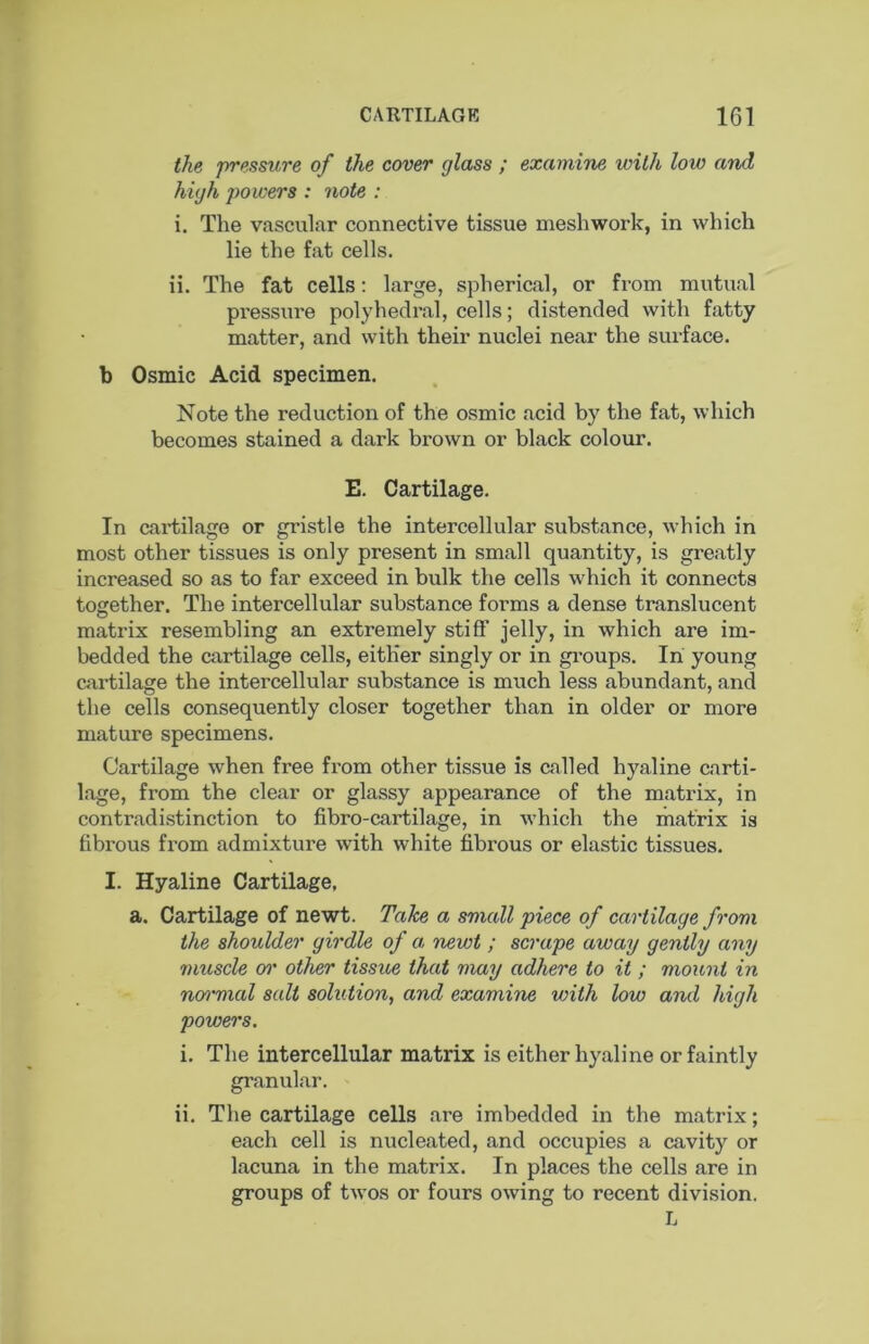 the pressure of the cover glass ; examine with low and high powers : note : i. The vascular connective tissue meshwork, in which lie the fat cells. ii. The fat cells: large, spherical, or from mutual pressure polyhedral, cells; distended with fatty matter, and with their nuclei near the surface. b Osmic Acid specimen. Note the reduction of the osmic acid by the fat, which becomes stained a dark brown or black colour. E. Cartilage. In cartilage or gristle the intercellular substance, which in most other tissues is only present in small quantity, is greatly increased so as to far exceed in bulk the cells which it connects together. The intercellular substance forms a dense translucent matrix resembling an extremely stiff jelly, in which are im- bedded the cartilage cells, either singly or in groups. In young Ciirtilage the intercellular substance is much less abundant, and the cells consequently closer together than in older or more mature specimens. Cartilage when free from other tissue is called hyaline carti- lage, from the clear or glassy appearance of the matrix, in contradistinction to fibro-cartilage, in which the matrix is fibrous from admixture with white fibrous or elastic tissues. I. Hyaline Cartilage, a. Cartilage of newt. Take a small piece of cartilage from the shoulder girdle of a newt ; scrape away gently any muscle 01' other tissue that may adhere to it ; mount in noi'mal salt solution, and examine with low ami high powers. i. The intercellular matrix is either hyaline or faintly granular. ii. The cartilage cells are imbedded in the matrix; each cell is nucleated, and occupies a cavity or lacuna in the matrix. In places the cells are in groups of twos or fours owing to recent division. L
