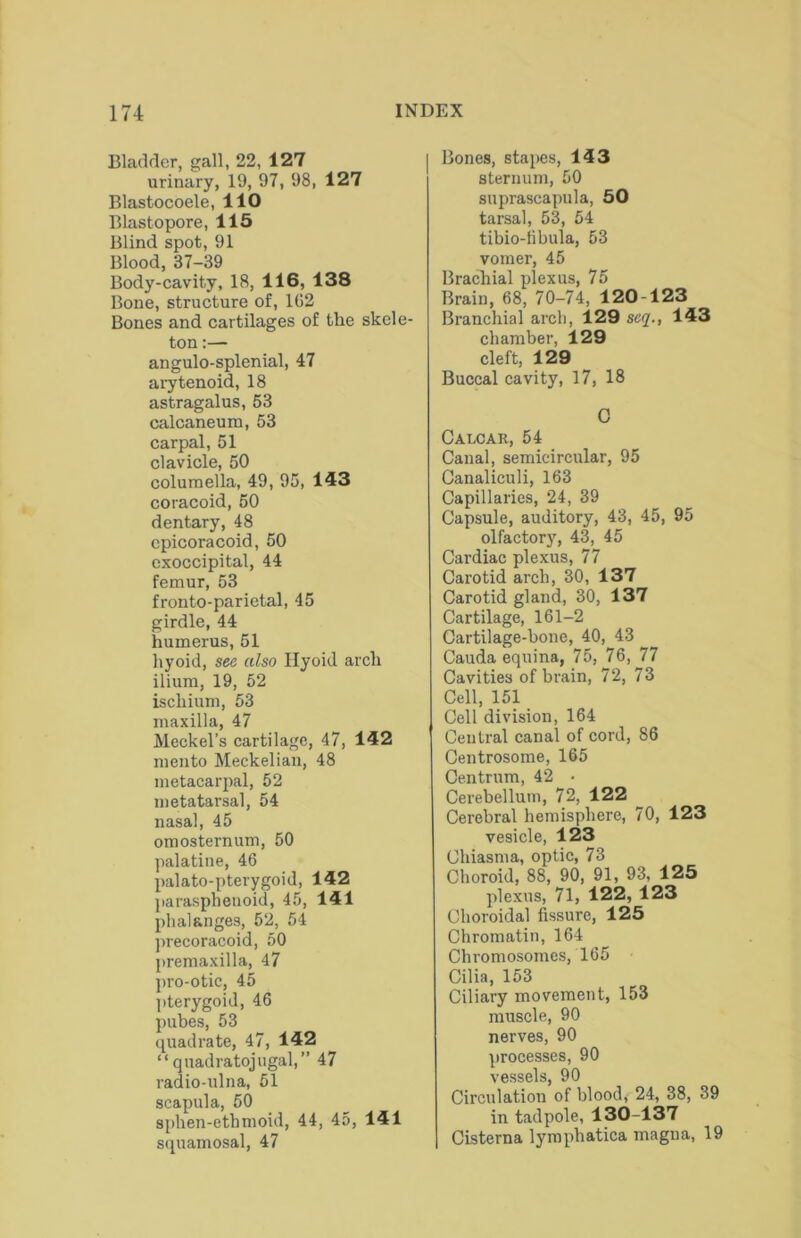 Bladder, gall, 22, 127 urinary, 19, 97, 98, 127 Blastocoele, 110 Blastopore, 115 Blind spot, 91 Blood, 37-39 Body-cavity, 18, 116, 138 Bone, structure of, 1G2 Bones and cartilages of the skele- ton :— angulo-splenial, 47 arytenoid, 18 astragalus, 53 calcaneum, 53 carpal, 51 clavicle, 50 columella, 49, 95, 143 coracoid, 50 dentary, 48 epicoracoid, 50 cxoccipital, 44 femur, 53 fronto-parietal, 45 girdle, 44 humerus, 51 hyoid, see also Ilyoid arch ilium, 19, 52 ischium, 53 maxilla, 47 Meckel’s cartilage, 47, 142 mento Meckelian, 48 metacarjial, 52 metatarsal, 54 nasal, 45 omosternum, 50 palatine, 46 palato-pterygoid, 142 parasphenoid, 45, 141 phalanges, 52, 54 jrrecoracoid, 50 premaxilla, 47 pro-otic, 45 l>terygoid, 46 pubes, 53 quadrate, 47, 142 “ qnadratojugal,” 47 radio-ulna, 51 scapula, 50 sphen-ethmoid, 44, 45, 141 squamosal, 47 Bones, stapes, 143 sternum, 50 suprascapula, 50 tarsal, 53, 54 tibio-libula, 53 vomer, 45 Brachial plexus, 75 Brain, 68, 70-74, 120-123 Branchial arch, 129 seq., 143 chamber, 129 cleft, 129 Buccal cavity, 17, 18 0 Calcar, 54 Canal, semicircular, 95 Canaliculi, 163 Capillaries, 24, 39 Capsule, auditory, 43, 45, 95 olfactory, 43, 45 Cardiac plexus, 77 Carotid arch, 30, 137 Carotid gland, 30, 137 Cartilage, 161-2 Cartilage-bone, 40, 43 Cauda equina, 75, 76, 77 Cavities of brain, 72, 73 Cell, 151 Cell division, 164 Central canal of cord, 86 Centrosome, 165 Centrum, 42 • Cerebellum, 72, 122 Cerebral hemis]ihere, 70, 123 vesicle, 123 Chiasma, optic, 73 Choroid, 88, 90, 91, 93, 125 plexus, 71, 122, 123 Choroidal fissure, 125 Chromatin, 164 Chromosomes, 165 Cilia, 153 Ciliary movement, 153 muscle, 90 nerves, 90 processes, 90 vessels, 90 Circulation of blood, 24, 38, 39 in tadpole, 130-137 Cisterna lyraphatica magna, 19