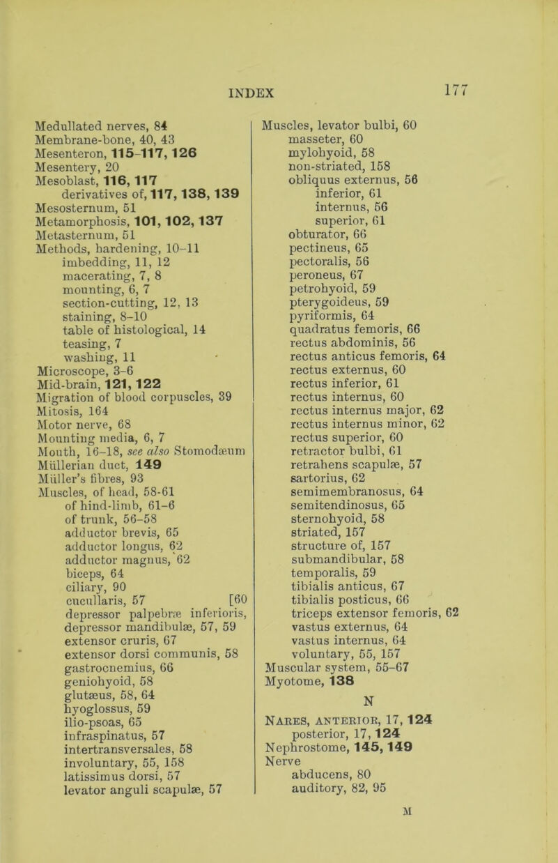 17 Medullated nerves, 84 Membrane-bone, 40, 43 Mesenteron, 115-117,126 Mesentery, 20 Mesoblast, 116, 117 derivatives of, 117,138, 139 Mesosternum, 51 Metamorphosis, 101,102,137 Metasternum, 51 Methods, hardening, 10-11 imbedding, 11, 12 macerating, 7, 8 mounting, 6, 7 section-cutting, 12, 13 staining, 8-10 table of histological, 14 teasing, 7 washing, 11 Microscope, 3-6 Mid-brain, 121, 122 Migration of blood corpuscles, 39 Mitosis, 164 Motor nerve, 68 Mounting media, 6, 7 Mouth, 16-18, see also Stomodeeuni Miillerian duct, 149 Muller’s fibres, 93 Muscles, of head, 58-61 of hind-limb, 61-6 of trunk, 56-58 adductor brevis, 65 adductor longus, 62 adductor magnus, 62 biceps, 64 ciliary, 90 cucullaris, 57 [60 depressor palpebrre inferioris, depressor mandibulm, 57, 59 extensor cruris, 67 extensor dorsi communis, 58 gastrocnemius, 66 geniohyoid, 58 glutaeus, 58, 64 hyoglossus, 59 ilio-psoas, 65 infraspinatus, 57 intertransversales, 58 involuntary, 55, 158 latissimus dorsi, 57 levator anguli scapulae, 57 Muscles, levator bulbi, 60 masseter, 60 mylohyoid, 58 non-striated, 158 obliquus externus, 56 inferior, 61 internus, 56 superior, 61 obturator, 66 pectineus, 65 pectoralis, 56 peroneus, 67 petrohyoid, 59 pterygoideus, 59 pyriformis, 64 quadratus femoris, 66 rectus abdominis, 56 rectus anticus femoris, 64 rectus externus, 60 rectus inferior, 61 rectus internus, 60 rectus internus major, 62 rectus internus minor, 62 rectus superior, 60 retractor bulbi, 61 retrahens scapulae, 57 sartorius, 62 semimembranosus, 64 semitendinosus, 65 sternohyoid, 58 striated, 157 structure of, 157 submandibular, 58 temporalis, 59 tibialis anticus, 67 tibialis posticus, 66 triceps extensor femoris, 62 vastus externus, 64 vastus internus, 64 voluntary, 55, 157 Muscular system, 55-67 Myotome, 138 N Nares, anterior, 17,124 posterior, 17,124 Nephrostome, 145,149 Nerve abducens, 80 auditory, 82, 95