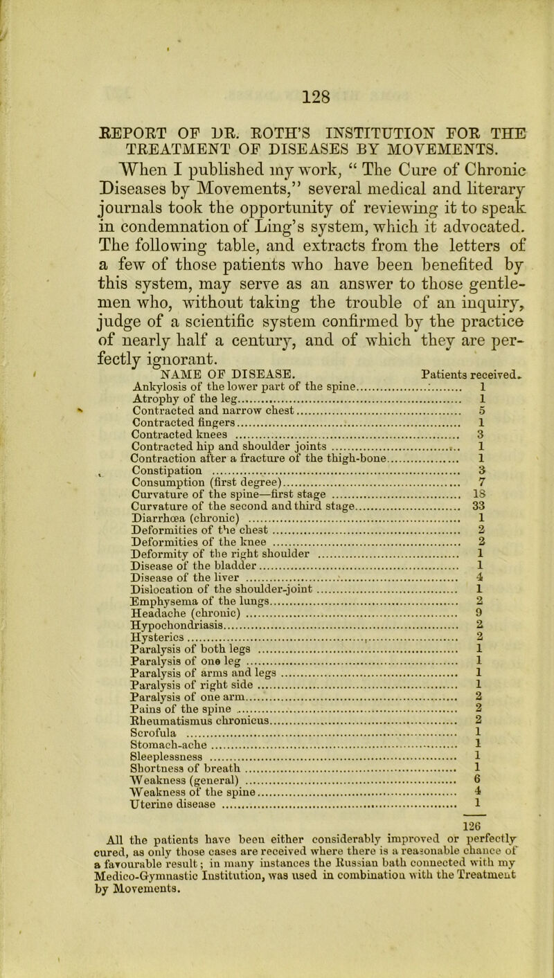 REPORT OF UR. ROTH’S INSTITUTION FOR THE TREATMENT OF DISEASES BY MOVEMENTS. When I published my work, “ The Cure of Chronic Diseases by Movements,” several medical and literary journals took the opportunity of reviewing it to speak in condemnation of Ling’s system, which it advocated. The following table, and extracts from the letters of a few of those patients who have been benefited by this system, may serve as an answer to those gentle- men who, without taking the trouble of an inquiry, judge of a scientific system confirmed by the practice of nearly half a century, and of which they are per- fectly ignorant. NAME OF DISEASE. Patients received. Ankylosis of the lower part of the spine : 1 Atrophy of the leg 1 Contracted and narrow chest 5 Contracted fingers 1 Contracted knees 3 Contracted hip and shoulder joints 1 Contraction after a fracture of the thigh-bone 1 , Constipation 3 Consumption (first degree) 7 Curvature of the spine—first stage IS Curvature of the second and third stage 33 Diarrhoea (chronic) 1 Deformities of the che3t 2 Deformities of the knee 2 Deformity of the right shoulder 1 Disease of the bladder 1 Disease of the liver ; 4 Dislocation of the shoulder-joint 1 Emphysema of the lungs 2 Headache (chronic) 9 Hypochondriasis 2 Hysterics 2 Paralysis of both legs 1 Paralysis of one leg 1 Paralysis of arms and legs 1 Paralysis of right side 1 Paralysis of one arm 2 Pains of the spine 2 Rbeumatismus chronicus 2 Scrofula 1 Stomach-ache 1 Sleeplessness 1 Shortness of breath 1 Weakness (general) 6 Weakness of the spine 4 Uterine disease 1 126 All the patients have been either considerably improved or perfectly cured, as only those cases are received where there is a reasonable chance of a favourable result; in many instances the Itussiau bath connected with my Medico-Gymnastic Institution, was used in combination with the Treatment by Movements.
