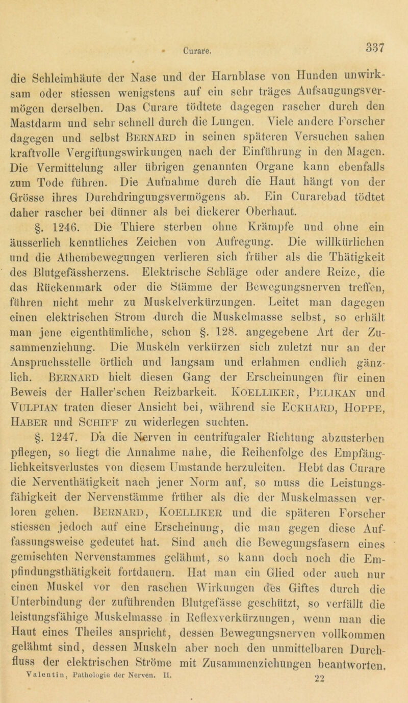 die Schleimhäute der Nase und der Harnblase von Hunden unwirk- sam oder stiessen wenigstens auf ein sehr träges Aufsaugungsver- mögen derselben. Das Curare tödtete dagegen rascher durch den Mastdarm und sehr schnell durch die Lungen. Viele andere Forscher dagegen und selbst Bern ARD in seinen späteren Versuchen sahen kraftvolle Vergiftungswirkungen nach der Einführung in den Magen. Die Vermittelung aller übrigen genannten Organe kann ebenfalls zum Tode führen. Die Aufnahme durch die Haut hängt von der Grösse ihres Durchdringungsvermögens ab. Ein Curarebad tödtet daher rascher bei dünner als bei dickerer Oberhaut. §. 1246. Die Thiere sterben ohne Krämpfe und ohne ein äusserlich kenntliches Zeichen von Aufregung. Die willkürlichen und die Athembewegungen verlieren sich früher als die Thätigkeit des Blutgefässherzens. Elektrische Schläge oder andere Reize, die das Rückenmark oder die Stämme der Bewegungsnerven treffen, führen nicht mehr zu Muskelverkürzungen. Leitet man dagegen einen elektrischen Strom durch die Muskelmasse selbst, so erhält man jene eigenthümliche, schon §. 128. angegebene Art der Zu- sammenziehung. Die Muskeln verkürzen sich zuletzt nur an der Anspruchsstelle örtlich und langsam und erlahmen endlich gänz- lich. Bernard hielt diesen Gang der Erscheinungen für einen Beweis der Haller’schen Reizbarkeit. KoellüvER, Pelikan und VuLPiAN traten dieser Ansicht bei, während sie Eckhard, Hoppe, Haber und Schiff zu widerlegen suchten. §. 1247. Da die Nerven in centrifugaler Richtung abzusterben pflegen, so liegt die Annahme nahe, die Reihenfolge des Empfäng- lichkeitsverlustes von diesem Umstande herzuleiten. Hebt das Curare die Nerveuthätigkeit nach jener Norm auf, so muss die Leistungs- fähigkeit der Nervenstämme früher als die der Muskelmassen ver- loren gehen. Bernard, Koelliker und die späteren Forscher stiessen jedoch auf eine Erscheinung, die man gegen diese Auf- fassungsweise gedeutet hat. Sind auch die Bewegungsfasern eines gemischten Nervenstammes gelähmt, so kann doch noch die Em- })findungsthätigkeit fortdauern. Hat man ein Glied oder auch nur einen Muskel vor den raschen Wirkungen des Giftes durch die Unterbindung der zuführenden Blutgefässe geschützt, so verfällt die leistungsfähige Muskelinasse in Reflexverkürzungen, wenn man die Haut eines Theiles anspricht, dessen Bewegungsnerven vollkommen gelähmt sind, dessen Muskeln aber noch den unmittelbaren Durch- fluss der elektrischen Ströme mit Zusammenziehungeii beantworten. Valentin, Pathologie der Nerven. II. 99