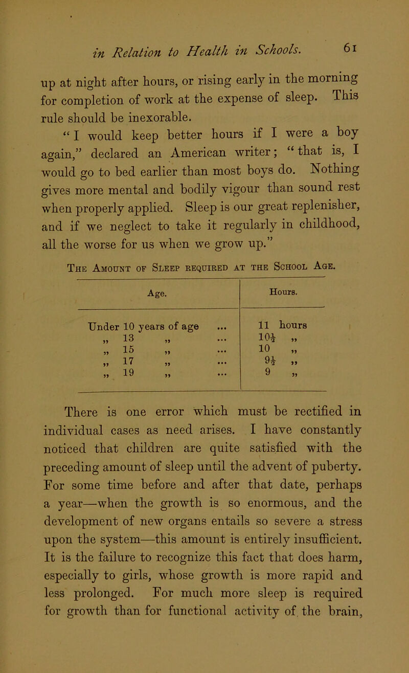up at night after hours, or rising early in the morning for completion of work at the expense of sleep. This rule should be inexorable. “ I would keep better hours if I were a boy ao'ain,” declared an American writer; “ that is, I would go to bed earlier than most boys do. Nothing gives more mental and bodily vigour than sound rest when properly applied. Sleep is our great replenisher, and if we neglect to take it regularly in childhood, all the worse for us when we grow up.” The Amount of Sleep required at the School Age. Age. Hours. Under 10 years of age 11 hours „ 13 10* „ „ 15 „ 10 „ 17 9* „ „ 19 9 „ There is one error which must be rectified in individual cases as need arises. I have constantly noticed that children are quite satisfied with the preceding amount of sleep until the advent of puberty. For some time before and after that date, perhaps a year—when the growth is so enormous, and the development of new organs entails so severe a stress upon the system—this amount is entirely insufficient. It is the failure to recognize this fact that does harm, especially to girls, whose growth is more rapid and less prolonged. For much more sleep is required for growth than for functional activity of the brain,