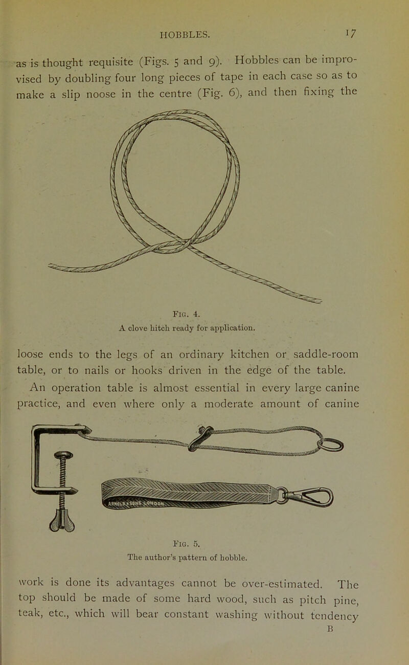 as is thought requisite (Figs. 5 and 9). Hobbles can be impro- vised by doubling four long pieces of tape in each case so as to make a slip noose in the centre (Fig. 6), and then fixing the Fig. 4. A clove hitch ready for application. loose ends to the legs of an ordinary kitchen or saddle-room table, or to nails or hooks driven in the edge of the table. An operation table is almost essential in every large canine practice, and even where only a moderate amount of canine Fig. 5. The author’s pattern of hobble. work is done its advantages cannot be over-estimated. The top should be made of some hard wood, such as pitch pine, teak, etc., which will bear constant washing without tendency B