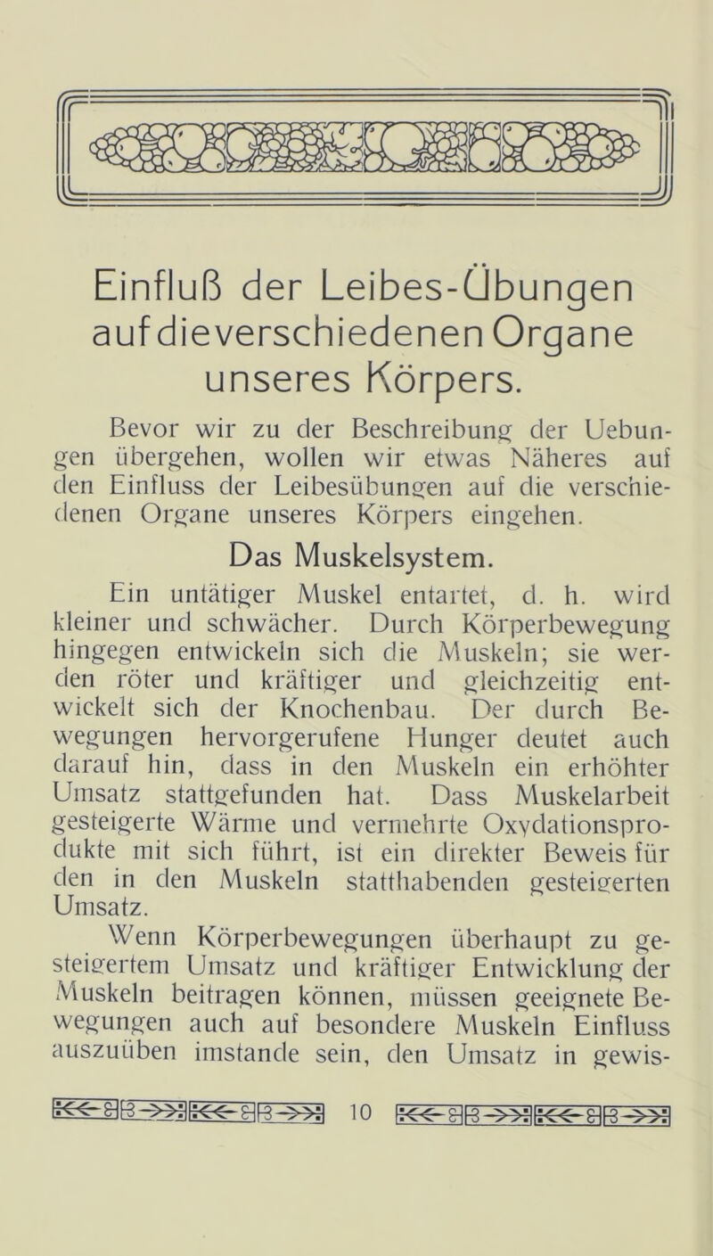 Einfluß der Leibes-Übungen auf dieverschiedenen Organe unseres Körpers. Bevor wir zu der Beschreibung der Uebun- gen übergehen, wollen wir etwas Näheres auf den Einfluss der Leibesübungen auf die verschie- denen Organe unseres Körpers eingehen. Das Muskelsystem. Ein untätiger Muskel entartet, d. h. wird kleiner und schwächer. Durch Körperbewegung hingegen entwickeln sich die Muskeln; sie wer- den röter und kräftiger und gleichzeitig ent- wickelt sich der Knochenbau. Der durch Be- wegungen hervorgerufene Hunger deutet auch darauf hin, dass in den Muskeln ein erhöhter Umsatz stattgefunden hat. Dass Muskelarbeit gesteigerte Wärme und vermehrte Oxydationspro- dukte mit sich führt, ist ein direkter Beweis für den m den Muskeln statthabenden gesteigerten Umsatz. Wenn Körperbewegungen überhaupt zu ge- steigertem Umsatz und kräftiger Entwicklung der Muskeln beitragen können, müssen geeignete Be- wegungen auch auf besondere Muskeln Einfluss auszuüben imstande sein, den Umsatz in gewis-