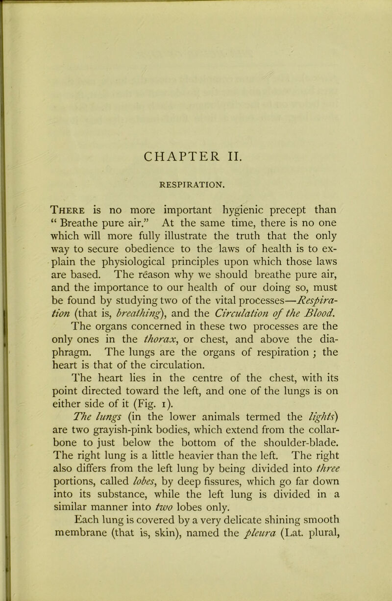 CHAPTER II. RESPIRATION. There is no more important hygienic precept than “ Breathe pure air.” At the same time, there is no one which will more fully illustrate the truth that the only way to secure obedience to the laws of health is to ex- plain the physiological principles upon which those laws are based. The reason why we should breathe pure air, and the importance to our health of our doing so, must be found by studying two of the vital processes—Respira- tion (that is, breathing), and the Circulation of the Blood. The organs concerned in these two processes are the only ones in the thorax, or chest, and above the dia- phragm. The lungs are the organs of respiration ; the heart is that of the circulation. The heart lies in the centre of the chest, with its point directed toward the left, and one of the lungs is on either side of it (Fig. i). The lungs (in the lower animals termed the lights) are two grayish-pink bodies, which extend from the collar- bone to just below the bottom of the shoulder-blade. The right lung is a little heavier than the left. The right also differs from the left lung by being divided into three portions, called lobes, by deep fissures, which go far down into its substance, while the left lung is divided in a similar manner into two lobes only. Each lung is covered by a very delicate shining smooth membrane (that is, skin), named the pleura (Lat. plural,