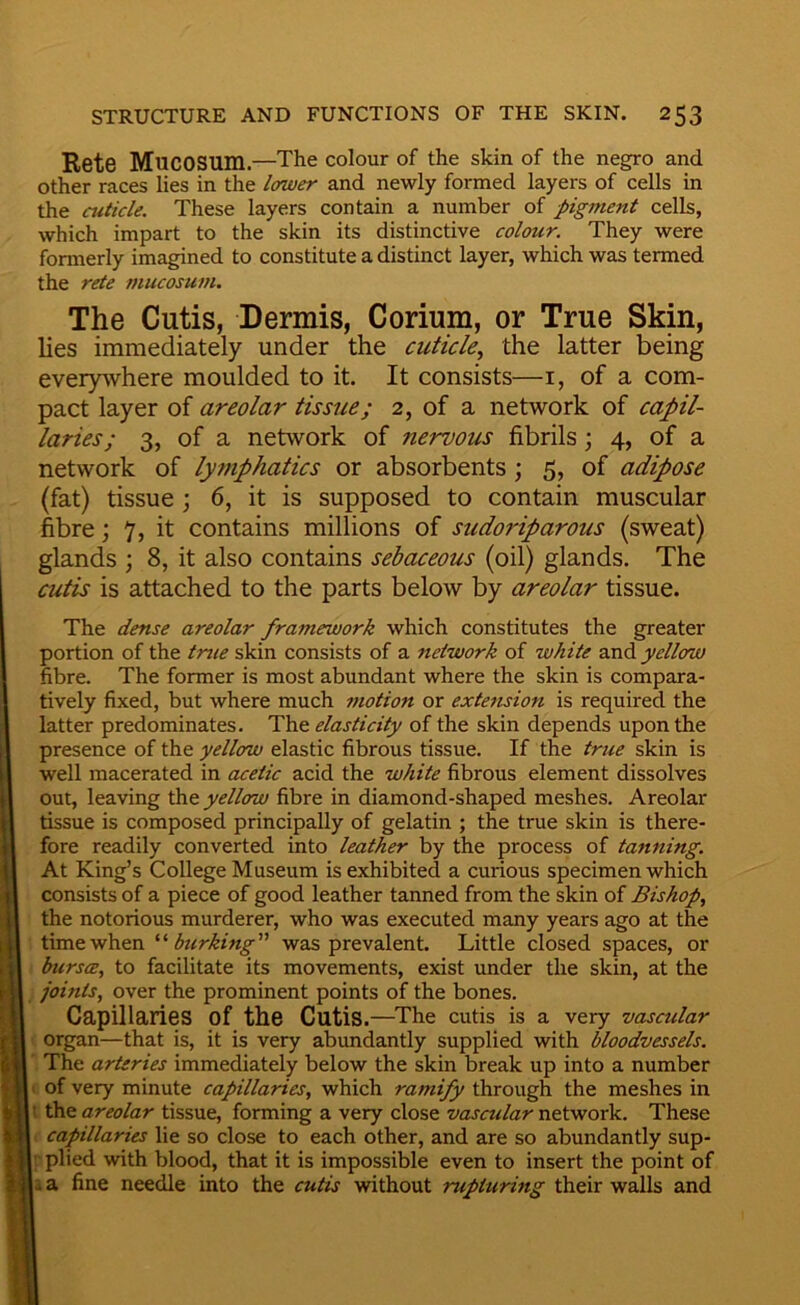 Rete Mucosum.—The colour of the skin of the negro and other races lies in the Icrwer and newly formed layers of cells in the cuticle. These layers contain a number of pigment cells, which impart to the skin its distinctive colour. They were fomrerly imagined to constitute a distinct layer, which was termed the rete mucosum. The Cutis, Dermis, Cerium, or True Skin, lies immediately under the cuticle.^ the latter being everywhere moulded to it. It consists—i, of a com- pact layer of areolar tissue; 2, of a network of capil- laries; 3, of a network of nervous fibrils; 4, of a network of lymphatics or absorbents \ 5, of adipose (fat) tissue ; 6, it is supposed to contain muscular fibre; 7, it contains millions of sudoriparous (sweat) glands ; 8, it also contains sebaceous (oil) glands. The cutis is attached to the parts below by areolar tissue. The dense areolar framework which constitutes the greater portion of the true skin consists of a network of white and yellow fibre. The former is most abundant where the skin is compara- tively fixed, but where much motion or extemion is required the latter predominates. The elasticity of the skin depends upon the presence of the yellow elastic fibrous tissue. If the true skin is well macerated in acetic acid the white fibrous element dissolves out, leaving the yellow fibre in diamond-shaped meshes. Areolar tissue is composed principally of gelatin ; the true skin is there- fore readily converted into leather by the process of tanning. At King’s College Museum is exhibited a curious specimen which consists of a piece of good leather tanned from the skin of Bishop, the notorious murderer, who was executed many years ago at the time when '■‘•burking was prevalent. Little closed spaces, or bursce, to facilitate its movements, exist vmder the skin, at the joints, over the prominent points of the bones. Capillaries of the Cutis.—The cutis is a very vasadar organ—that is, it is very abundantly supplied with bloodvessels. The arteries immediately below the skin break up into a number of very minute capillaries, which ramify through the meshes in the areolar tissue, forming a very close vascular network. These capillaries lie so close to each other, and are so abundantly sup- plied with blood, that it is impossible even to insert the point of I a fine needle into the cutis without rupturing their walls and