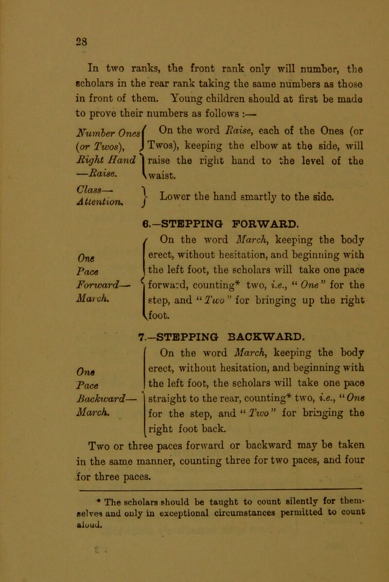 23 In two ranks, the front rank only will number, the scholars in the rear rank taking the same numbers as those in front of them. Young children should at first be made to prove their numbers as follows :— Number Ones( On t^ie word Raise, each of the Ones (or (or Twos), ) Twos), keeping the elbow at the side, will Night Hand *1 raise the right hand to the level of the —Raise. V waist. Class—- Attention. } Lower the hand smartly to the side. 6.-STEPPING FORWARD. One Pace Forward—- March. On the word March, keeping the body erect, without hesitation, and beginning with the left foot, the scholars will take one pace 1 forward, counting* two, i.e., “ One ” for the step, and “ Two ” for bringing up the right Joot. -STEPPING BACKWARD. On the word March, keeping the body erect, without hesitation, and beginning with the left foot, the scholars will take one pace straight to the rear, counting* two, i.e., “ One for the step, and “ Two ” for bringing the right foot back. Two or three paces forward or backward may be taken in the same manner, counting three for two paces, and four for three paces. 7. One Pace < Backward— March. * The scholars should be taught to count silently for them- selves and only in exceptional circumstances permitted to count aloud.