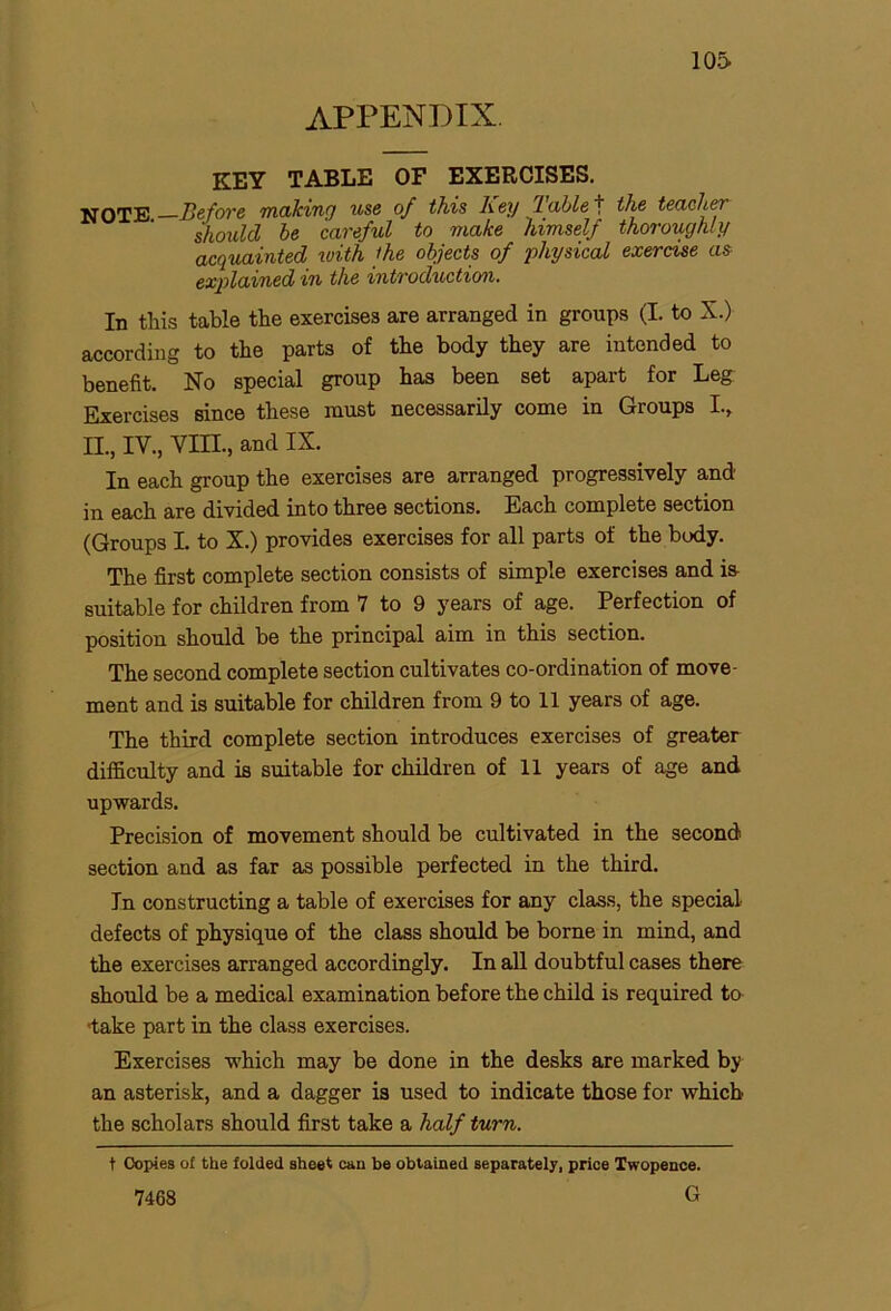 APPENDIX KEY TABLE OF EXERCISES. NOTE.— Before making use of this hey Tablet the teacher should be careful to make himself thoroughly acquainted with the objects of physical exercise as explained in the introduction. In this table the exercises are arranged in groups (I. to X.) according to the parts of the body they are intended to benefit. No special group has been set apart for Leg Exercises since these must necessarily come in Groups I., II., IV., vm, and IX. In each group the exercises are arranged progressively and in each are divided into three sections. Each complete section (Groups I. to X.) provides exercises for all parts of the body. The first complete section consists of simple exercises and is suitable for children from 7 to 9 years of age. Perfection of position should be the principal aim in this section. The second complete section cultivates co-ordination of move- ment and is suitable for children from 9 to 11 years of age. The third complete section introduces exercises of greater difficulty and is suitable for children of 11 years of age and upwards. Precision of movement should be cultivated in the second section and as far as possible perfected in the third. In constructing a table of exercises for any class, the special defects of physique of the class should be borne in mind, and the exercises arranged accordingly. In all doubtful cases there should be a medical examination before the child is required to 'take part in the class exercises. Exercises which may be done in the desks are marked by an asterisk, and a dagger is used to indicate those for which the scholars should first take a half turn. t Copies of the folded sheet can be obtained separately, price Twopence. 7468 G