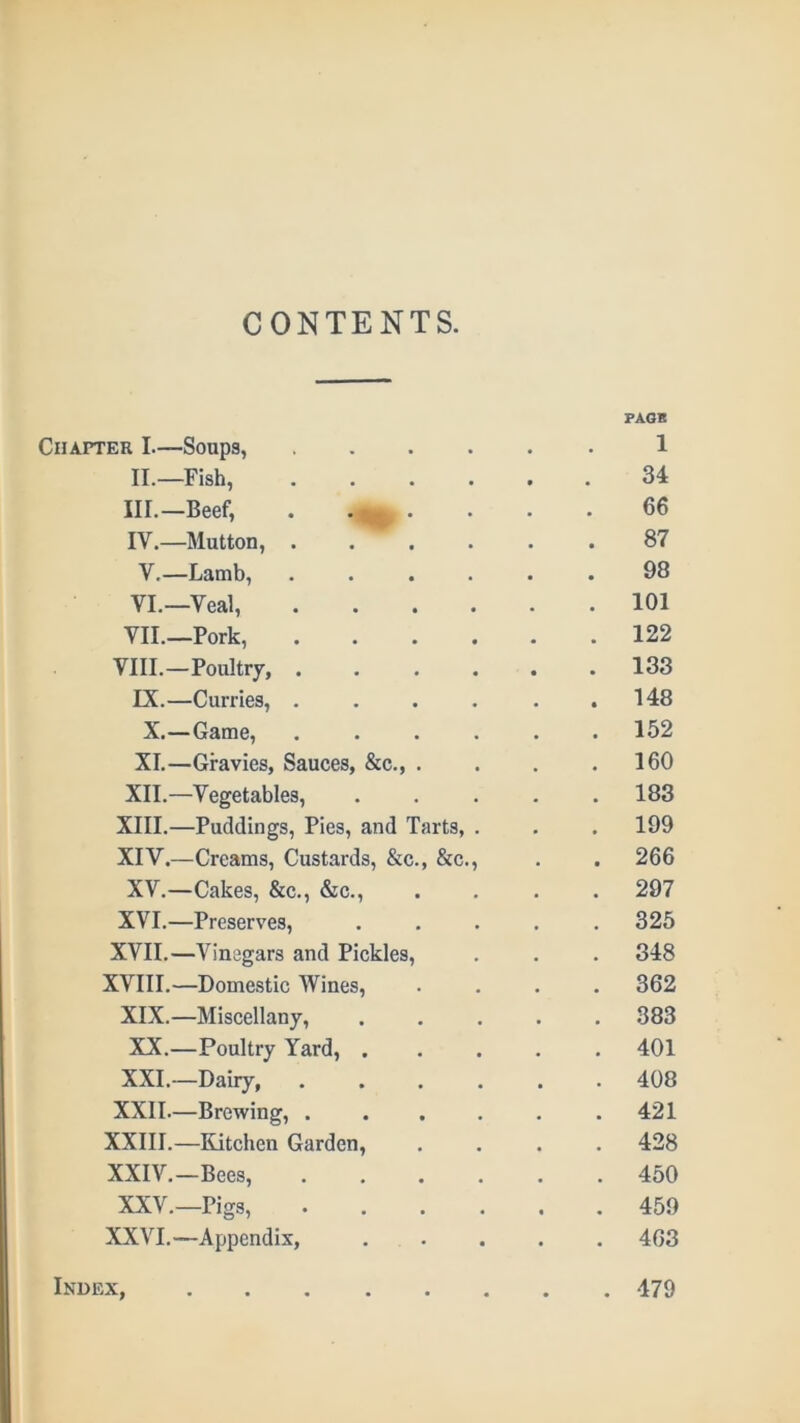 CONTENTS. PACK Chapter I—Soups, 1 II. —Fish, 34 III. —Beef, . 66 IV. —Mutton, 87 V. —Lamb, 98 VI. —Veal, 101 VII. —Pork, 122 VIII.—Poultry, ...... 133 IX.—Curries, . . . . . .148 X. —Game, 152 XI. —Gravies, Sauces, &c., . . . .160 XII.—Vegetables, ..... 183 XIII. —Puddings, Pies, and Tarts, . . . 199 XIV. —Creams, Custards, &c., &c., . . 266 XV.—Cakes, &c., &c., .... 297 XVI. —Preserves, ..... 325 XVII. —Vinegars and Pickles, . . . 348 XVIII.—Domestic Wines, .... 362 XIX.—Miscellany, ..... 383 XX. —Poultry Yard, ..... 401 XXI. —Dairy, ...... 408 XXII. —Brewing, 421 XXIII.—Kitchen Garden, .... 428 XXIV.—Bees, 450 XXV.—Pigs, 459 XXVI.—Appendix, ..... 4G3 Index, 479