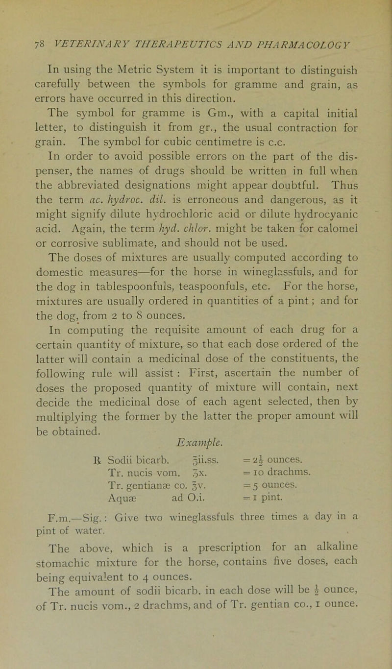 In using the Metric System it is important to distinguish carefully between the symbols for gramme and grain, as errors have occurred in this direction. The symbol for gramme is Gm., with a capital initial letter, to distinguish it from gr., the usual contraction for grain. The symbol for cubic centimetre is c.c. In order to avoid possible errors on the part of the dis- penser, the names of drugs should be written in full when the abbreviated designations might appear doubtful. Thus the term nc. hydroc. dil. is erroneous and dangerous, as it might signify dilute hydrochloric acid or dilute hydrocyanic acid. Again, the term hyd. cldor. might be taken for calomel or corrosive sublimate, and should not be used. The doses of mixtures are usually computed according to domestic measures—for the horse in wineglassfuls, and for the dog in tablespoonfuls, teaspoonfuls, etc. For the horse, mixtures are usually ordered in quantities of a pint; and for the dog, from 2 to 8 ounces. In computing the requisite amount of each drug for a certain quantity of mixture, so that each dose ordered of the latter will contain a medicinal dose of the constituents, the following rule will assist : First, ascertain the number of doses the proposed quantity of mixture will contain, next decide the medicinal dose of each agent selected, then by multiplying the former by the latter the proper amount will be obtained. Example. ft Sodii bicarb. 5ii.ss. = a| ounces. Tr. nucis vom. = 10 drachms. Tr. gentianae co. §v. =5 ounces. Aquae ad O.i. = 1 pint. F.m.—Sig. : Give two wineglassfuls three times a day in a pint of water. The above, which is a prescription for an alkaline stomachic mixture for the horse, contains five doses, each being equivalent to 4 ounces. The amount of sodii bicarb, in each dose will be A ounce, of Tr. nucis vom., 2 drachms, and of Tr. gentian co., 1 ounce.