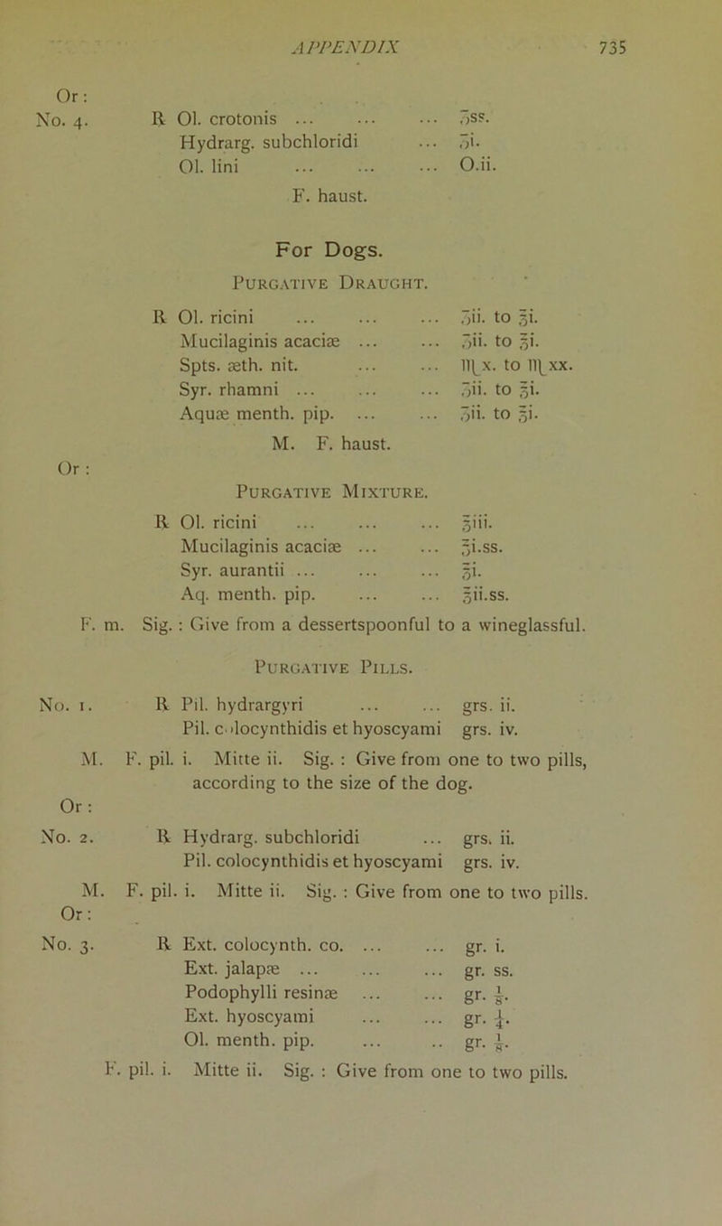 Or: No. 4. R 01. crotonis ... oSS. Hydrarg. subchloridi 7)i- 01. lini F. haust. For Dogs. O.ii. Purgative Draught. • R 01. ricini 7;ii. to gi. Mucilaginis acacias ... 7jii. to 31'. Spts. asth. nit. ll^x. to Il^xx. Syr. rhamni ... 7;ii. to gi. Or : Aquae menth. pip. ... M. F. haust. Purgative Mixture. oii. to gi. R 01. ricini giii. Mucilaginis acacias ... gi.ss. Syr. aurantii ... 51- Aq. menth. pip. gii.ss. F. m Sig. : Give from a dessertspoonful to a wineglassful Purgative Pills. No. 1. R Pil. hydrargyri grs. ii. Pil. c.ilocynthidis et hyoscyami grs. iv. M. F. pil. i. Mitte ii. Sig. : Give from one to two pills Or: according to the size of the dog. No. 2. R Hydrarg. subchloridi grs. ii. Pil. colocynthidis et hyoscyami grs. iv. M. F. pil. i. Mitte ii. Sig. : Give from one to two pills Or: No. 3. R Ext. colocynth. co. ... gr. i. Ext. jalapae ... gr. ss. Podophylli resinae gr- i- Ext. hyoscyami gr- {■ 01. menth. pip. gr- F. pil. i. Mitte ii. Sig. : Give from one to two pills.