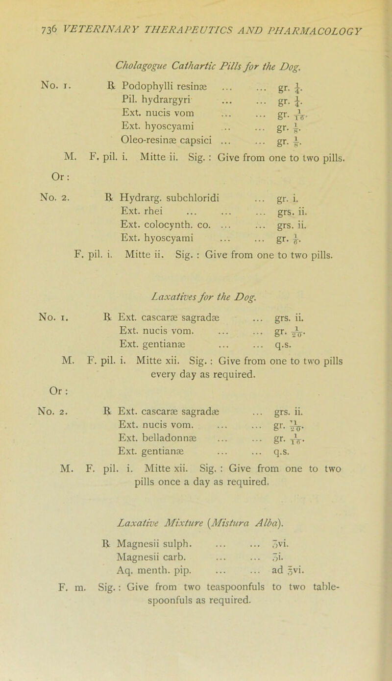 Cholagogue Cathartic Pills for the Dog. No. i. R Podophylli resinas gr- {■ Pil. hydrargyri gr- l Ext. nucis vom gr. tV Ext. hyoscyami gr- h Oleo-resinas capsici ... gr- i- M. F. pil. i. Mitte ii. Sig. : Give from one to two pills Or: No. 2. R Hydrarg. subchloridi gr- i. Ext. rhei grs. ii. Ext. colocynth. co. ... grs. ii. Ext. hyoscyami gr- l F. pil. i. Mitte ii. Sig. : Give from one to two pills. Laxatives for the Dog. No. i. R Ext. cascarae sagradte grs. ii. Ext. nucis vom. gr- Ext. gentianse q.s. M. F. pil. i. Mitte xii. Sig.: Give from every day as required. one to two pills Or: No. 2. R Ext. cascarse sagradae grs. ii. Ext. nucis vom. gr- ^V Ext. belladonnse gr- tV- Ext. gentianse q.s. M. F. pil. i. Mitte xii. Sig. : Give from one to two pills once a day as required. Laxative Mixture (Mistura Alba). R Magnesii sulph. 3vi. Magnesii carb. Si- Aq. menth. pip. ad gvi. F. m. Sig.: Give from two teaspoonfuls to two table- spoonfuls as required.