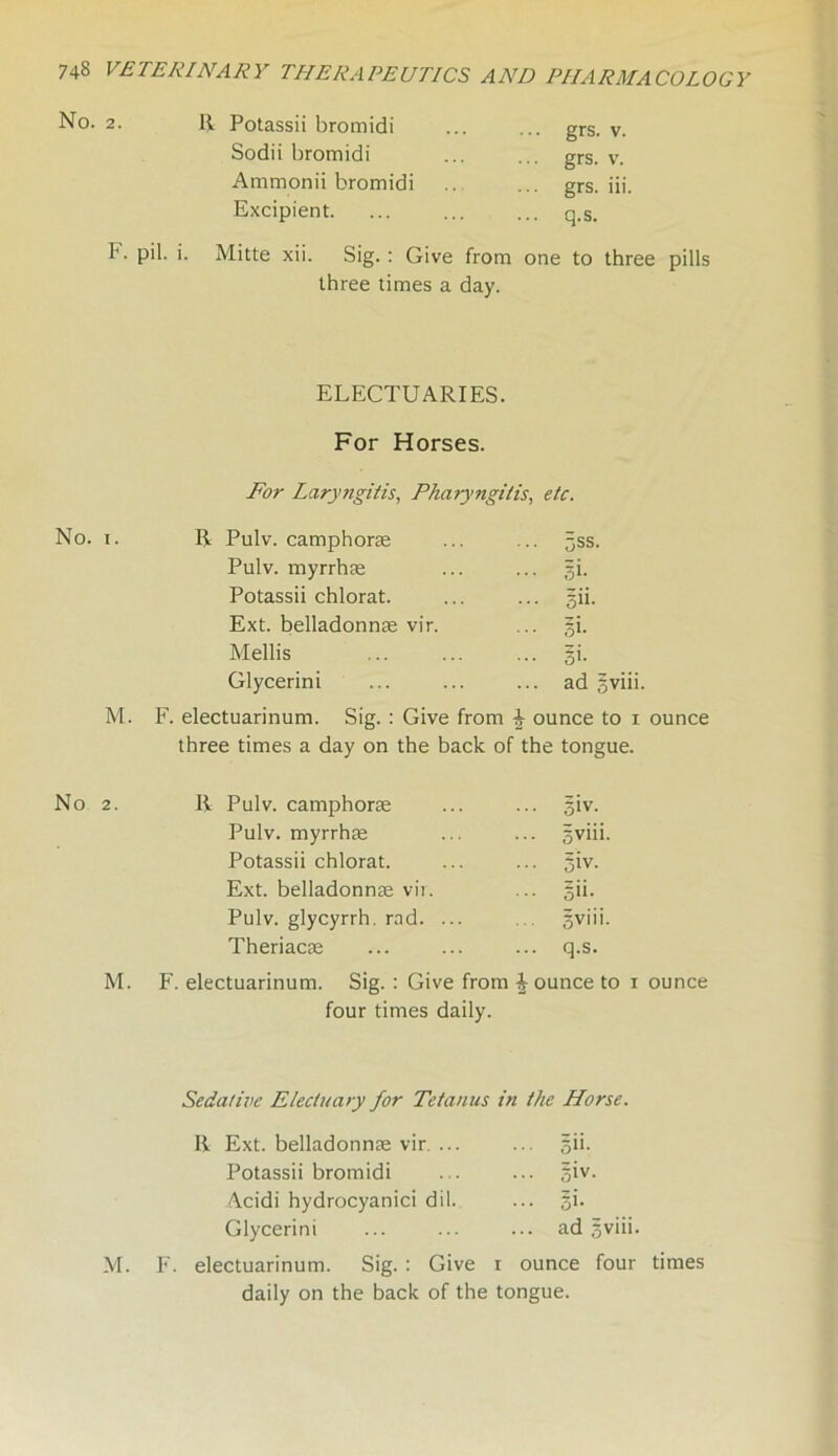 No. 2. R Potassii bromidi ... ... grs. v. Sodii bromidi ... ... grs. v. Ammonii bromidi .. ... grs. iii. Excipient. ... ... ... q.s. F. pil. i. Mitte xii. Sig. : Give from one to three pills three times a day. No. i. No ELECTUARIES. For Horses. For Laryngitis, Pharyngitis, etc. Pulv. camphorse ... 5ss. Pulv. myrrh® ... si. Potassii chlorat. ... gii. Ext. belladonn® vir. ... §i. Mellis ... si. Glycerini ... ad sviii. M. F. electuarinum. Sig. : Give from \ ounce to i ounce three times a day on the back of the tongue. 2. Ii Pulv. camphor® ... siv. Pulv. myrrh® .. sviii. Potassii chlorat. ... siv. Ext. belladonn® vir. .. sii. Pulv. glycyrrh. rad. ... Sviii. Theriac® ... q.s. M. F. electuarinum. Sig. : Give from ^ ounce to i four times daily. Sedative Electuary for Tetanus in the Horse. Ii Ext. belladonn® vir. ... .. sii. Potassii bromidi .. giv. Acidi hydrocyanici dil. .. si. Glycerini .. ad sviii. M. F. electuarinum. Sig. : Give r ounce four daily on the back of the tongue.