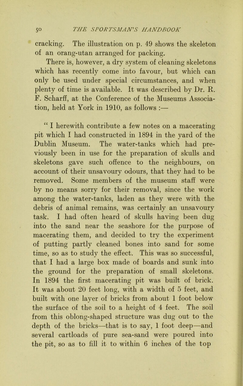 cracking. The illustration on p. 49 shows the skeleton of an orang-utan arranged for packing. There is, however, a dry system of cleaning skeletons which has recently come into favour, but which can only be used under special circumstances, and when plenty of time is available. It was described by Dr. R. F. Scharff, at the Conference of the Museums x4.ssocia- tion, held at York in 1910, as follows :— “ I herewith contribute a few notes on a macerating pit which I had constructed in 1894 in the yard of the Dublin Museum. The water-tanks which had pre- viously been in use for the preparation of skulls and skeletons gave such offence to the neighbours, on account of their unsavoury odours, that they had to be removed. Some members of the museum staff were by no means sorry for their removal, since the work among the water-tanks, laden as they were with the debris of animal remains, was certainly an unsavoury task. I had often heard of skulls having been dug into the sand near the seashore for the purpose of macerating them, and decided to try the experiment of putting partly cleaned bones into sand for some time, so as to study the effect. This was so successful, that I had a large box made of boards and sunk into the ground for the preparation of small skeletons. In 1894 the first macerating pit was built of brick. It was about 20 feet long, with a width of 5 feet, and built with one layer of bricks from about 1 foot below the surface of the soil to a height of 4 feet. The soil from this oblong-shaped structure was dug out to the depth of the bricks—that is to say, 1 foot deep—and several cartloads of pure sea-sand were poured into