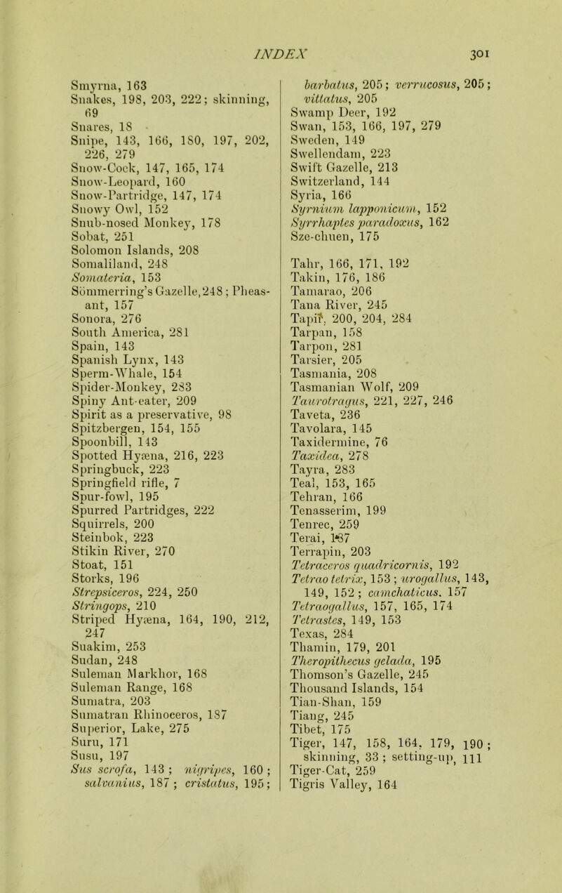Smyrna, 163 Snakes, 198, 203, 222; skinning, 69 Snares, 18 Snipe, 143, 166, ISO, 197, 202, 226, 279 Snow-Cock, 147, 165, 174 Snow-Leopard, 160 Snow-Partridge, 147, 174 Snowy Owl, 152 Snub-nosed Monkey, 178 Sobat, 251 Solomon Islands, 208 Somaliland, 248 Somateria, 153 Sommerring’s Gazelle,248 ; Pheas- ant, 157 Sonora, 276 South America, 281 Spain, 143 Spanish Lynx, 143 Sperm-Whale, 154 Spider-Monkey, 283 Spiny Ant-eater, 209 Spirit as a preservative, 98 Spitzbergen, 154, 155 Spoonbill, 143 Spotted Hyeena, 216, 223 Springbuck, 223 Springfield rifle, 7 Spur-fowl, 195 Spurred Partridges, 222 Squirrels, 200 Steinbok, 223 Stikin River, 270 Stoat, 151 Storks, 196 Strepsiceros, 224, 250 String ops, 210 Striped Hyrena, 164, 190, 212, 247 Suakim, 253 Sudan, 248 Suleman Markhor, 168 Suleman Range, 168 Sumatra, 203 Sumatran Rhinoceros, 187 Superior, Lake, 275 Suru, 171 Susu, 197 Sus scrofa, 143; nigripes, 160; salvanius, 187 ; cristatus, 195; barbatus, 205; verrucosus, 205; vittatus, 205 Swamp Deer, 192 Swan, 153, 166, 197, 279 Sweden, 149 Swellendam, 223 Swift Gazelle, 213 Switzerland, 144 Syria, 166 Syrnium lapponicum, 152 Syrrhaptcs paradoxus, 162 Sze-chuen, 175 Tahr, 166, 171, 192 Takin, 176, 186 Tamarao, 206 Tana River, 245 Tapi?, 200, 204, 284 Tarpan, 158 Tarpon, 281 Tarsier, 205 Tasmania, 208 Tasmanian Wolf, 209 Taurotragus, 221, 227, 246 Taveta, 236 Tavolara, 145 Taxidermine, 76 Taxidea, 278 Tayra, 283 Teal, 153, 165 Tehran, 166 Tenasserim, 199 Tenrec, 259 Terai, 1*37 Terrapin, 203 Tctraceros quadricornis, 192 Tctrao tclrix, 153 ; urogallus, 143, 149, 152 ; camchaticus. 157 Tetraogallus, 157, 165, 174 Tclrastcs, 149, 153 Texas, 284 Tliamin, 179, 201 Theropithecus gelada, 195 Thomson’s Gazelle, 245 Thousand Islands, 154 Tian-Shan, 159 Tiang, 245 Tibet, 175 Tiger, 147, 158, 164. 179, i90 ; skinning, 33 ; setting-up m Tiger-Cat, 259 Tigris Valley, 164
