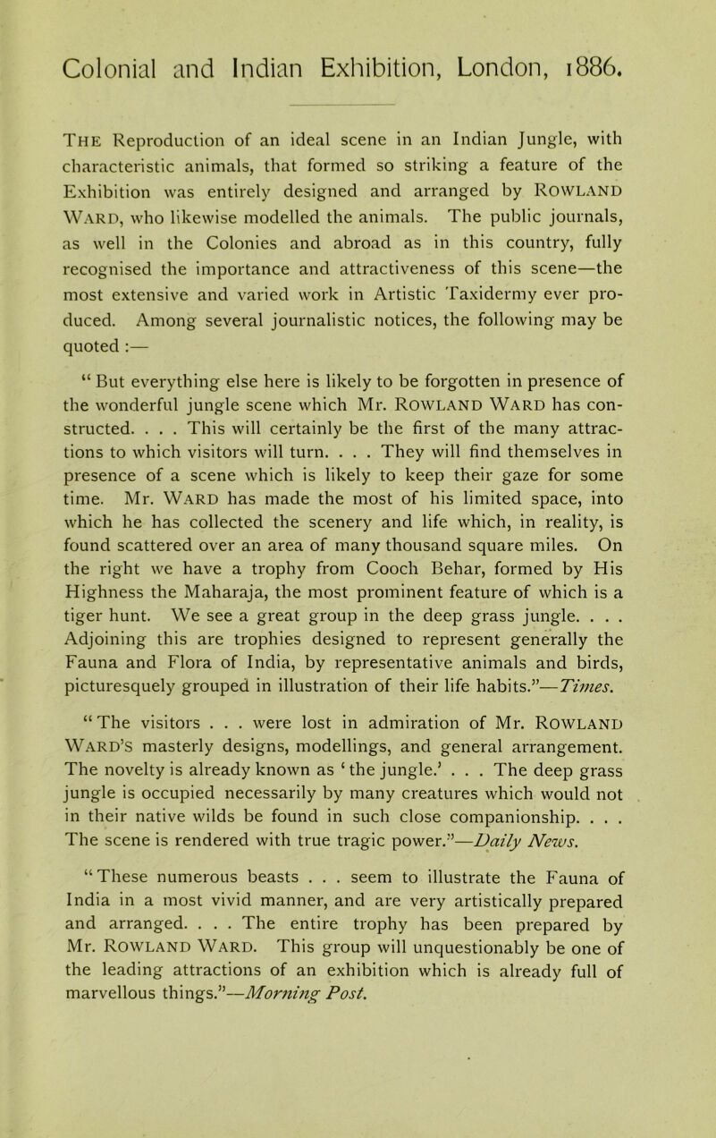 The Reproduction of an ideal scene in an Indian Jungle, with characteristic animals, that formed so striking a feature of the Exhibition was entirely designed and arranged by Rowland Ward, who likewise modelled the animals. The public journals, as well in the Colonies and abroad as in this country, fully recognised the importance and attractiveness of this scene—the most extensive and varied work in Artistic Taxidermy ever pro- duced. Among several journalistic notices, the following may be quoted :— “ But everything else here is likely to be forgotten in presence of the wonderful jungle scene which Mr. Rowland Ward has con- structed. . . . This will certainly be the first of the many attrac- tions to which visitors will turn. . . . They will find themselves in presence of a scene which is likely to keep their gaze for some time. Mr. Ward has made the most of his limited space, into which he has collected the scenery and life which, in reality, is found scattered over an area of many thousand square miles. On the right we have a trophy from Cooch Behar, formed by His Highness the Maharaja, the most prominent feature of which is a tiger hunt. We see a great group in the deep grass jungle. . . . Adjoining this are trophies designed to represent generally the Fauna and Flora of India, by representative animals and birds, picturesquely grouped in illustration of their life habits.”—Times. “ The visitors . . . were lost in admiration of Mr. Rowland Ward’s masterly designs, modellings, and general arrangement. The novelty is already known as ‘ the jungle.’ . . . The deep grass jungle is occupied necessarily by many creatures which would not in their native wilds be found in such close companionship. . . . The scene is rendered with true tragic power.”—Daily News. “These numerous beasts . . . seem to illustrate the Fauna of India in a most vivid manner, and are very artistically prepared and arranged. . . . The entire trophy has been prepared by Mr. Rowland Ward. This group will unquestionably be one of the leading attractions of an exhibition which is already full of marvellous things.”—Morning Post.