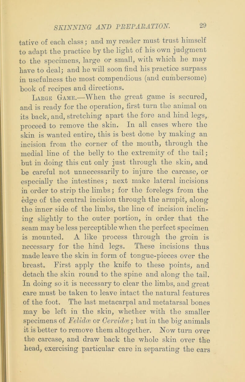 tative of eacli class; and my reader must trust himself to adapt the practice by the light of his own judgment to the specimens, large or small, with wdiich he may have to deal; and he will soon find his practice surpass in usefulness the most compendious (and cumbersome) book of recipes and directions. Large Game.—When the great game is secured, and is ready for the operation, first turn the animal on its back, and, stretching apart the fore and hind legs, proceed to remove the skin. In all cases where the skin is w^anted entire, this is best done by making an incision from the corner of the mouth, through the medial line of the belly to the extremity of the tail; but in doing this cut only just through the skin, and be careful not unnecessarily to injure the carcase, or especially the intestines; next make lateral incisions in order to strip the limbs; for the forelegs from the edge of the central incision through the armpit, along the inner side of the limbs, the line of incision inclin- ing slightly to the outer portion, in order that the seam may be less perceptible when the perfect specimen is mounted. A like process through the groin is necessary for the hind legs. These incisions thus made leave the skin in form of tongue-pieces over the breast. First apply the knife to these points, and detach the skin round to the spine and along the tail. In doing so it is necessary to clear the limbs, and great care must be taken to leave intact the natural features of the foot. The last metacarpal and metatarsal bones may be left in the skin, whether with the smaller specimens of Felidce or Cervidcc; but in the big animals it is better to remove them altogether. Now turn over the carcase, and draw back the whole skin over the head, exercising particular care in separating the ears